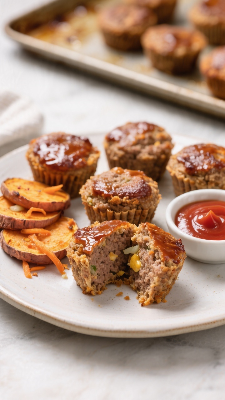 Straight-on plated presentation of sheet-pan mini meatloaf muffins glazed and caramelized at the top, arranged beside roasted sweet potato coins with crisped edges; visible flecks of grated carrot and fine onion in the meatloaf crumb, tender and juicy interior shown by one muffin cut open; breadcrumbs and egg binding suggested by tight crumb structure; served on a light ceramic plate with a small dish of ketchup glaze; background shows the sheet pan faintly out of focus, clean family-dinner mood, balanced directional light