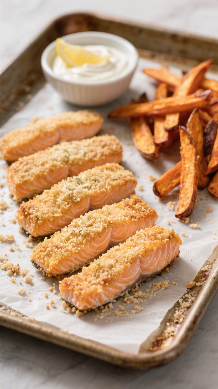 Straight-on plated presentation of sheet pan salmon fingers with sweet potato fries: golden whole-wheat panko and Parmesan–crusted salmon strips arranged in a neat row, flaky coral salmon visible at a bite edge; alongside, oven-roasted sweet potato fries with caramelized tips; a small dish of lemon-yogurt dip in the background; styled on the actual sheet pan lined with parchment, scattered crispy panko crumbs, warm directional light highlighting crunchy textures.