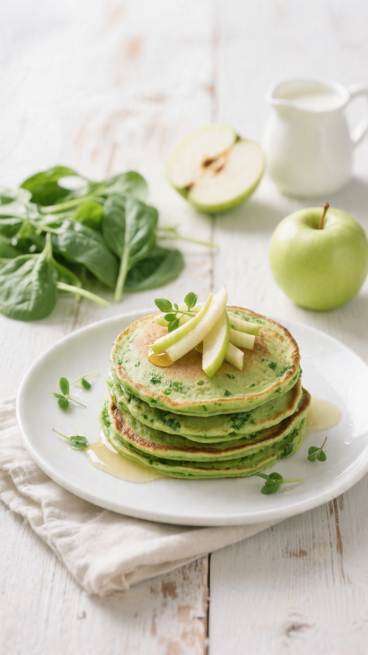 Straight-on plated presentation of Spinach-Apple Green Pancakes: vibrant green pancakes stacked on a white plate, tender crumb visible with tiny green spinach flecks and micro apple bits; topped with thin apple matchsticks and a light drizzle of honey; props include a handful of fresh baby spinach, a peeled Gala apple, and a small pitcher of milk off to the side; set on a pale wooden table with a linen napkin, bright fresh lighting to emphasize the green color, crisp yet soft texture.