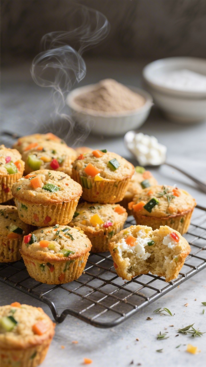 Straight-on plated presentation of Veggie Confetti Mini Muffins with Hidden Cottage Cheese: a cooling rack piled with warm, golden mini muffins dotted with colorful veggie flecks (carrot, zucchini, bell pepper) and speckled with Italian seasoning; ingredients subtly referenced with small bowls of whole wheat pastry flour, baking powder/soda, and a spoon of cottage cheese blurred in the background; split muffin in foreground to reveal tender, moist crumb; natural daylight highlighting steam wisps.