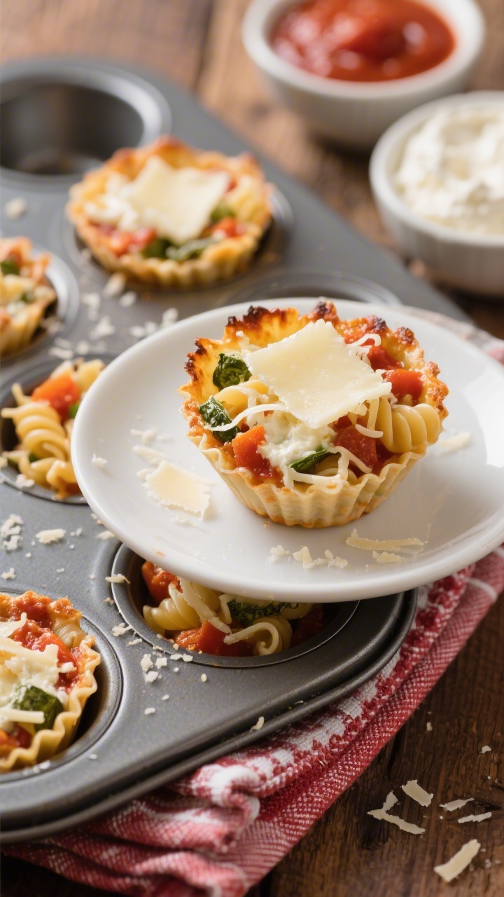 Straight-on plated presentation of Veggie-Loaded Mini Pasta Bake Cups nestled in a nonstick muffin tin: compact cups made from mini shells coated in low-sodium marinara, bound with ricotta, sprinkled with grated Parmesan and a melty cap of shredded mozzarella, edges lightly caramelized. One cup lifted onto a small white plate with visible cheesy strands, interior showing tight pasta structure that holds together. Include bowls of marinara, ricotta, and extra mozzarella in the background; rustic red-and-white napkin; cozy family-friendly mood.