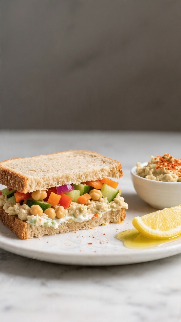 Straight-on, plated Rainbow Chickpea Smash Sandwiches: thick layer of no-mayo chickpea mash made with Greek yogurt, olive oil, lemon juice, and mild paprika, visibly chunky with colorful finely diced veggies (rainbow bell peppers, carrots, cucumbers) on soft whole-grain sandwich bread. One sandwich is cut into toddler-friendly rectangles, filling peeking out; a small bowl of the chickpea mash beside, garnished with paprika and a drizzle of olive oil, lemon wedge in frame. Fresh, bright, appetizing, minimal props.