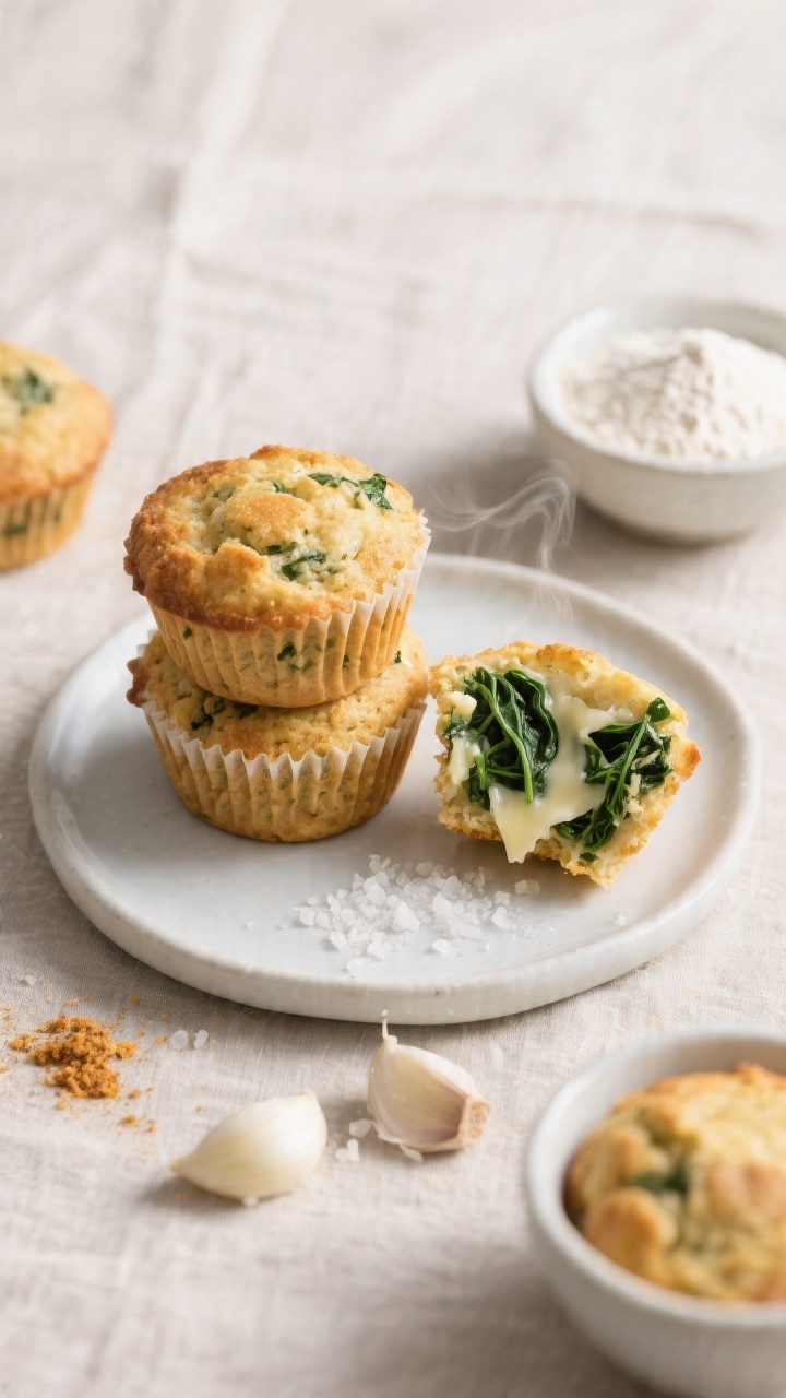 Straight-on plated savory scene for Spinach & Cheese Muffins: a small stack of muffins on a matte white plate, one torn open to show vibrant green spinach ribbons and melty cheese pockets; nearby small bowls with white whole wheat flour, fine cornmeal (or oat flour), and pinches of garlic and onion powder; a sprinkle of flaky salt on tops, hints of steam, neutral linen backdrop, bright yet soft lighting to emphasize savory golden crust and herbaceous interior.