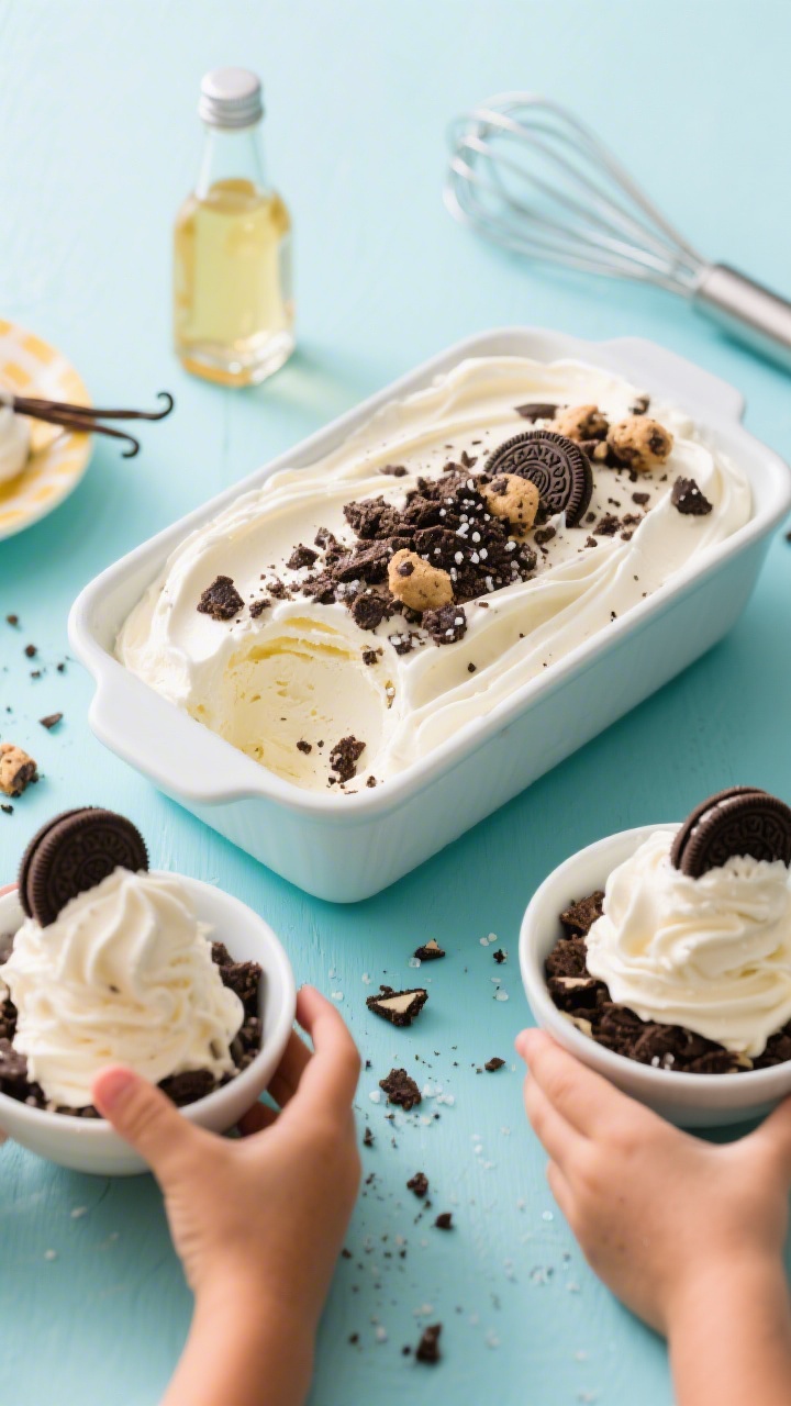 Straight-on plated scene for Cookie Crumble No-Churn Sundaes: a frosty loaf pan of no-churn vanilla ice cream (heavy cream + sweetened condensed milk) scooped into bowls by kids off-screen, with lush, creamy scoops topped generously with crushed cookies—Oreos and chocolate chip cookie chunks—plus a pinch of salt to balance sweetness. Visible swirls in the ice cream, cookie rubble scattered artfully on the table, vanilla extract bottle and whisk in background hints at homemade. Bright, playful styling, shallow depth of field to make the sundae toppings pop, no people visible.