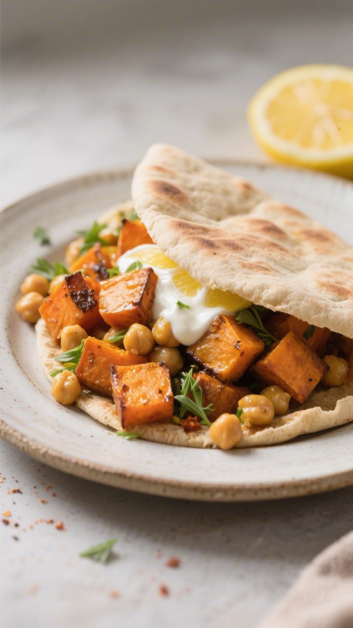 Straight-on plated scene of warm sweet potato and chickpea salad tucked into soft whole-wheat pitas, cubes of roasted sweet potato (10 oz) and chickpeas glistening with olive oil, cumin, and smoked paprika, drizzled generously with lemon yogurt sauce. Garnished with a few fresh herb sprigs (optional visual accent) and lemon wedges in the background. Rustic ceramic plate, gentle side lighting to emphasize creamy yogurt against the roasted, spiced textures.