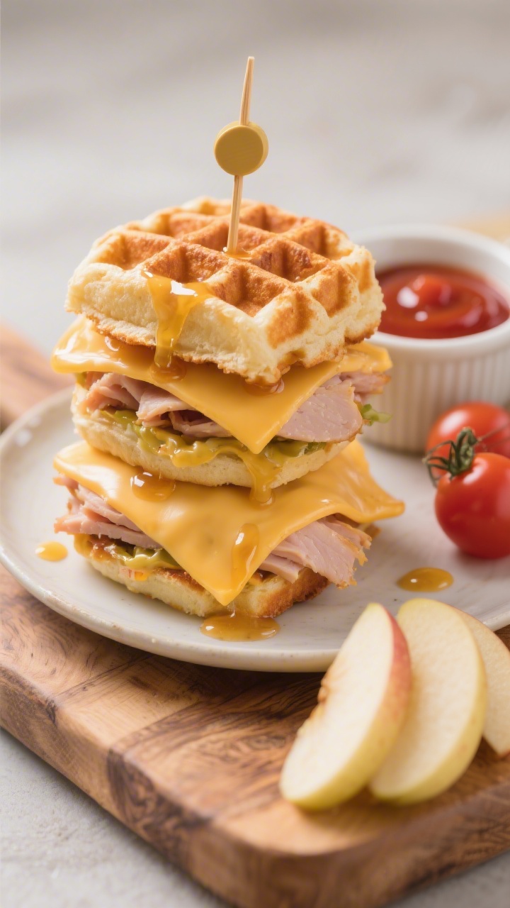 Straight-on plated shot of Mini Turkey and Cheese Wafflewiches stacked on a small wooden board: mini toaster waffles as buns, layered with deli turkey, melted cheddar slices, a swipe of honey mustard, and a toothpick through each slider; a drizzle of warm maple-honey glaze beading on the waffle ridges, side ramekin of ketchup, a few apple slices and cherry tomatoes for color, golden, toasty texture emphasized, shallow depth of field for gooey cheese pull.