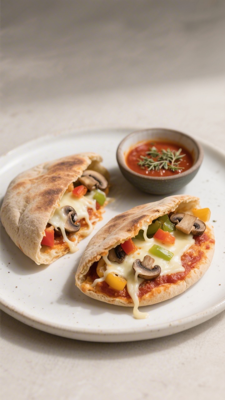 Straight-on plated shot of mini whole-wheat pizza pita pockets on a white ceramic plate: pitas split and stuffed with low-sugar marinara, gooey shredded mozzarella, finely chopped mushrooms, and diced bell pepper, cheese just melted and strings visible at the cut. A small bowl of extra marinara and a sprinkle of dried oregano in frame. Neutral background, gentle side lighting, focus on molten cheese and colorful veg.
