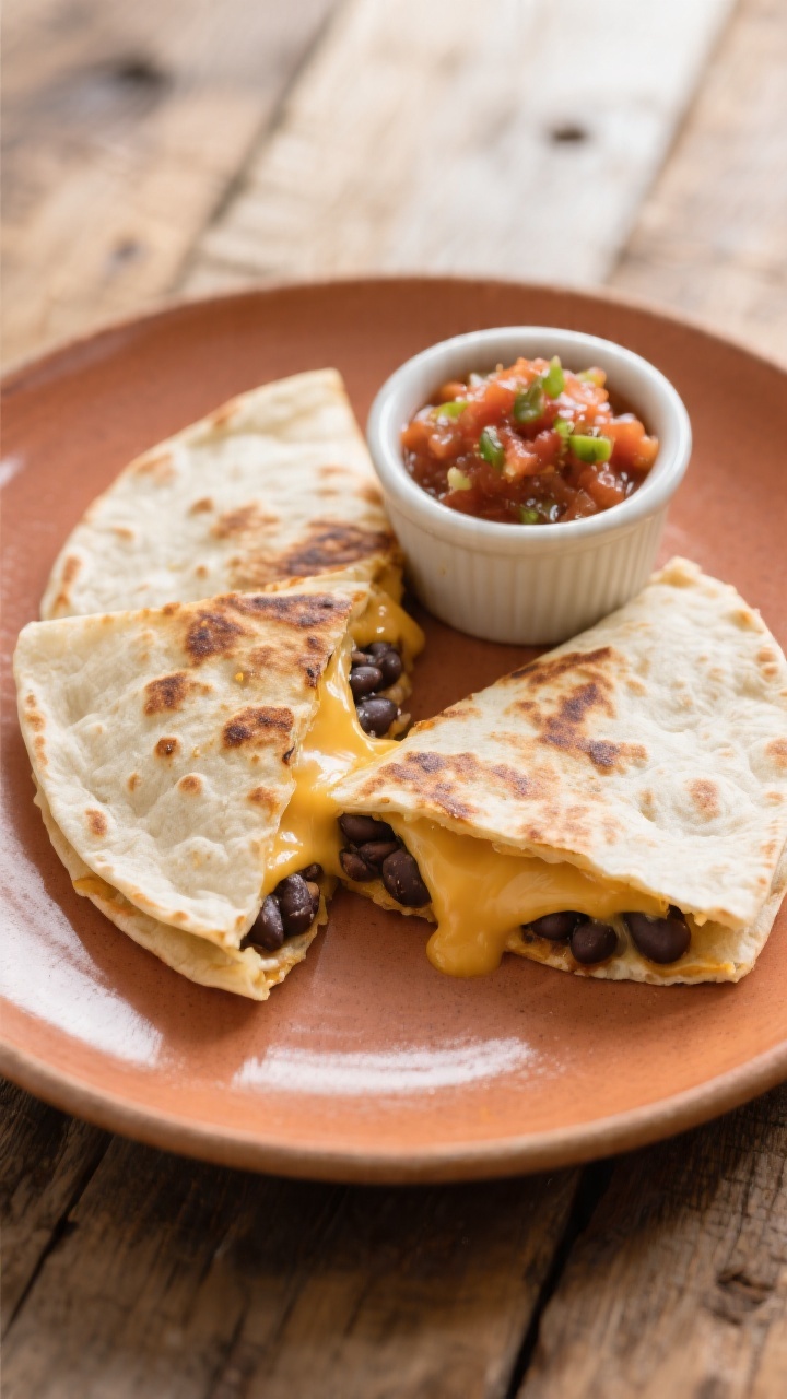 Straight-on plated shot of No-Soggy Quesadilla Pockets With Sneaky Beans: folded tortilla pockets seared to light blistering, edges sealed, oozing melted Monterey Jack with a hidden layer of smooth mashed black beans; a tiny ramekin of mild salsa/taco sauce on the side; one pocket cut open to showcase the creamy bean-cheese strata; set on a warm-toned ceramic plate over a rustic wood surface, clean lines, appetizing cheese pull, natural window light