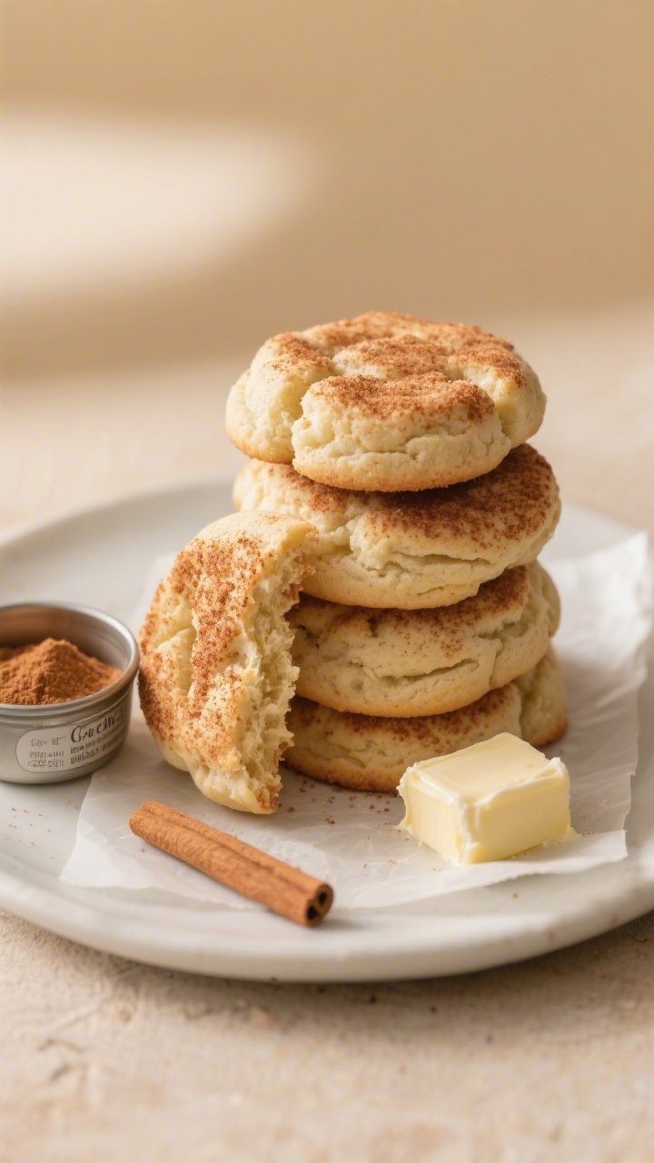 Straight-on plated shot of Soft Snickerdoodle Clouds: a stack of pillowy snickerdoodles with a thick cinnamon-sugar crust, crackly tops and soft centers visible on a bite-out cookie leaning on the stack; include a small bowl of cinnamon sugar, a tin of cream of tartar, and a pat of softened butter on a parchment square as subtle props; warm neutral backdrop, gentle fall-off lighting to highlight the cinnamon sparkle and soft crumb, inviting bakery vibe.