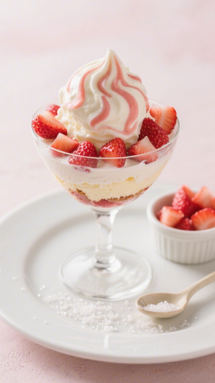 Straight-on plated shot of Strawberry Cheesecake Swirl: a generous scoop in a chilled coupe glass showing visible cheesecake ripple from softened cream cheese and vanilla, with bright strawberry swirls and diced fresh strawberries studding the cream; tiny pinch of salt and sugar sparkle on a nearby ceramic spoon, a small ramekin of extra strawberry dice to the side; soft pastel background, bright natural light to highlight creamy body and fruity gloss, ultra-appetizing sheen.