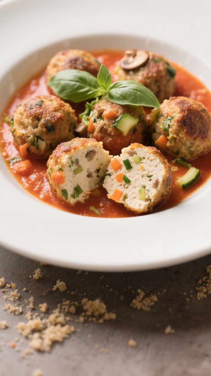Straight-on plated shot of veggie-packed tofu “meatballs” in mild tomato basil sauce: round, lightly browned tofu balls studded with very fine mushrooms, grated zucchini, and carrot, nestled in a smooth tomato-basil sauce with torn basil leaves on top. Serve in a shallow white bowl, a few breadcrumbs sprinkled subtly for texture. One meatball cut open to reveal the tender, moist interior with visible veg flecks. Warm, directional light to highlight the sauce’s sheen and the meatballs’ crisp edges; simple rustic styling, no people.