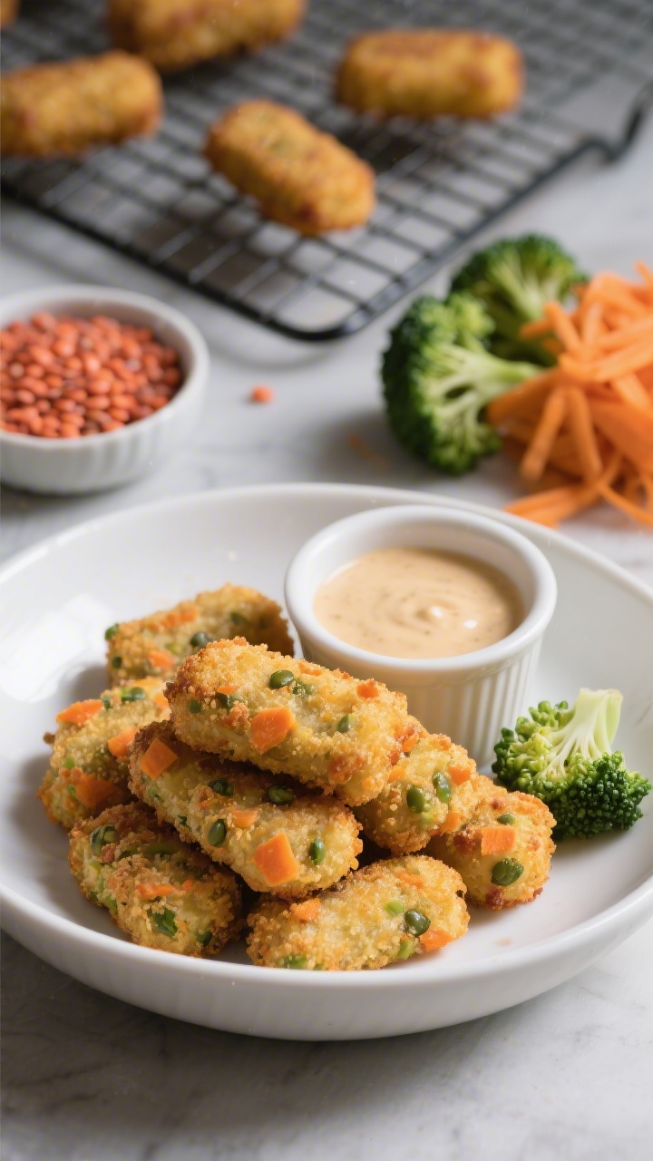 Straight-on plated shot of Veggie Tots With Hidden Lentils: golden, crisp-edged tots stacked in a shallow white bowl, flecks of orange sweet potato and green broccoli visible in the crust. A small ramekin of simple dipping sauce in the background, with a cooling rack holding a few tots to suggest oven crisping. Props include a small dish of cooked red lentils and a bundle of grated sweet potato and steamed broccoli florets blurred behind. High-contrast lighting to emphasize crunch and steam, clean family-friendly styling.