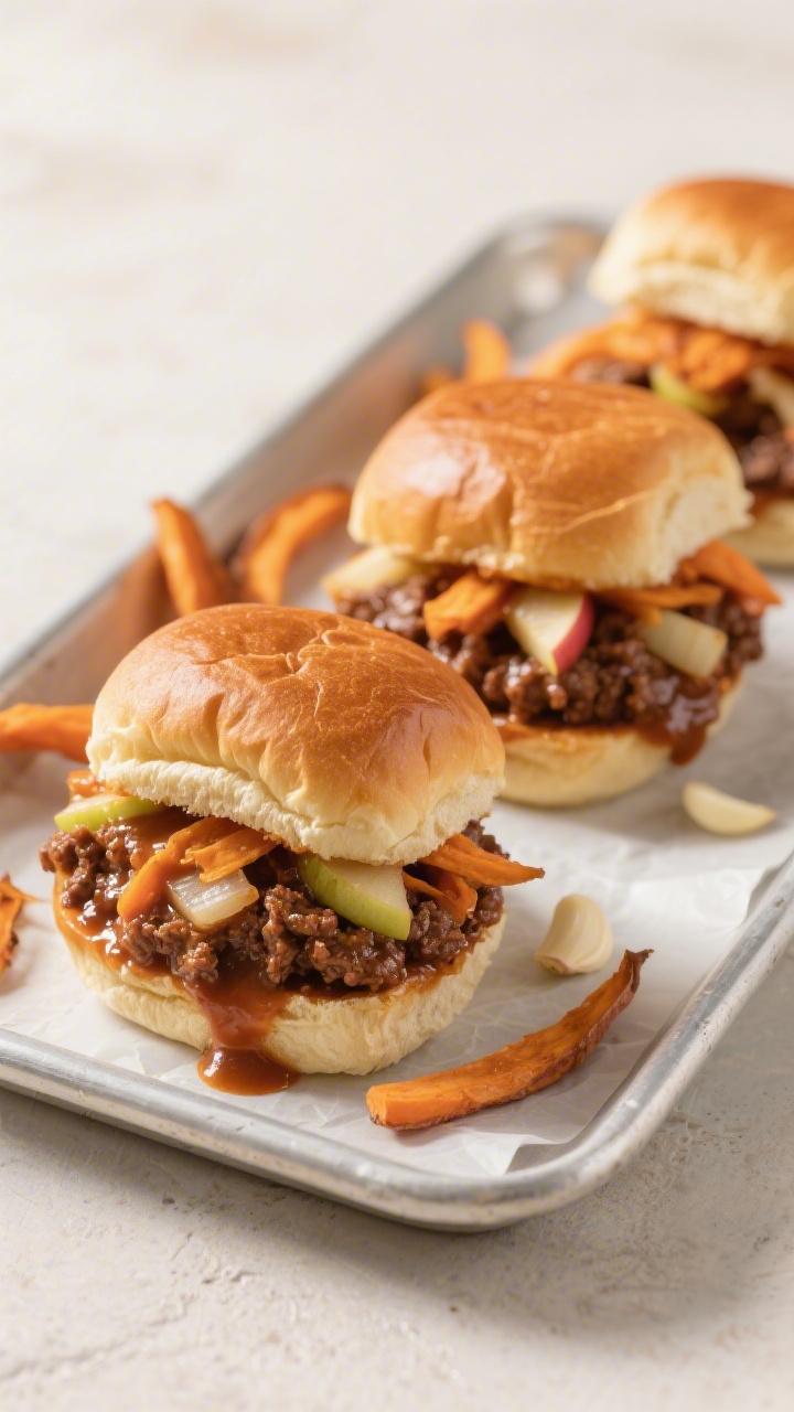 Straight-on plated sliders: Soft beef, sweet potato, and apple sloppy Joe sliders on mini brioche buns, overflowing with saucy, tender filling. Visible fine shreds of sweet potato and apple intertwined with ground beef and tiny onion pieces; optional garlic note. A glossy, lightly sticky sauce clings to the mix; three sliders on a small parchment-lined tray, a few sweet potato strands on the surface, warm autumnal tones, appetizing shine, no hands.