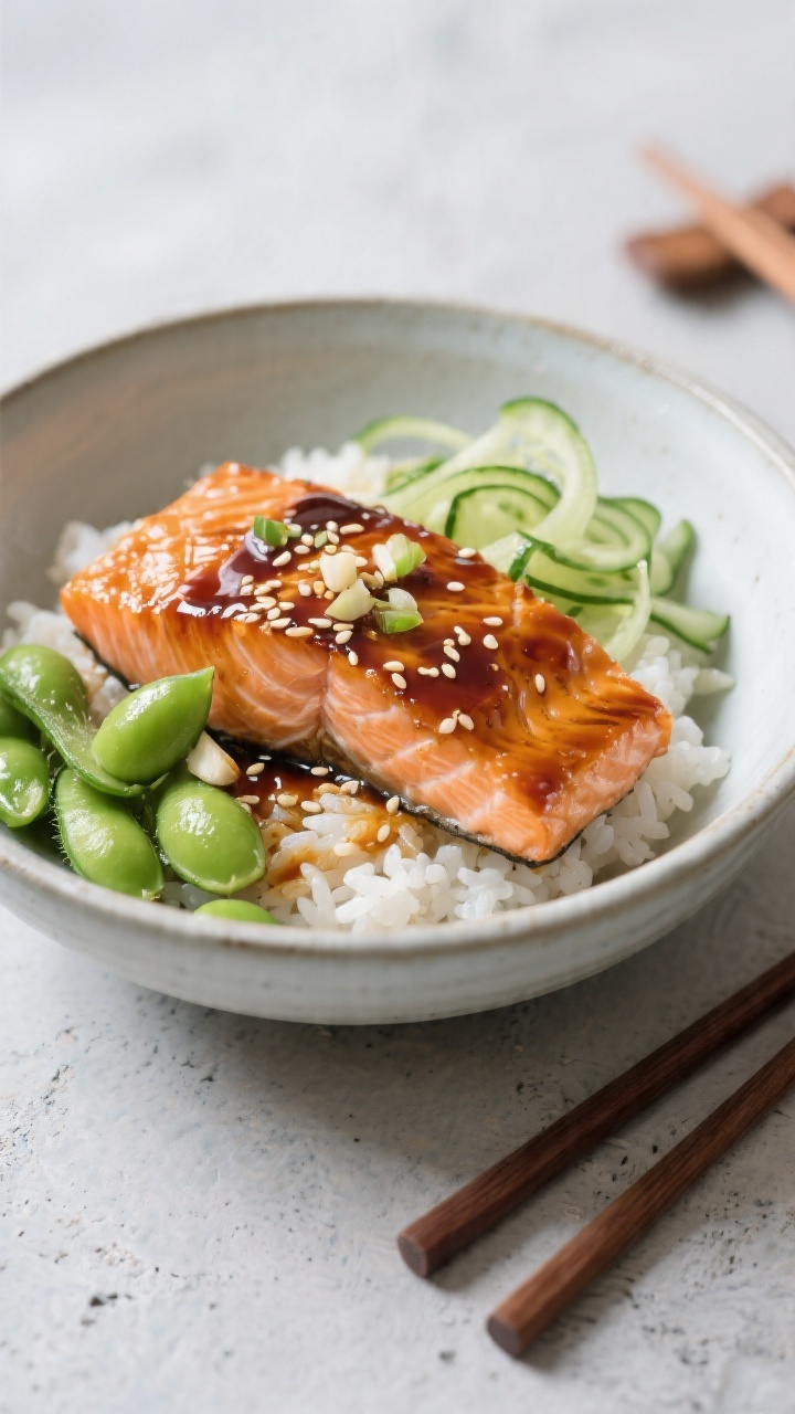 Straight-on plated teriyaki salmon bowl: lacquered salmon fillets with a shiny honey-soy glaze, sesame oil sheen, and flecks of minced garlic, arranged over steamed rice with bright green edamame and thin cucumber ribbons; drizzle of extra teriyaki sauce and a sprinkle of toasted sesame seeds; clean, modern ceramic bowl on a light concrete surface, chopsticks resting nearby, gentle side light highlighting the glaze.