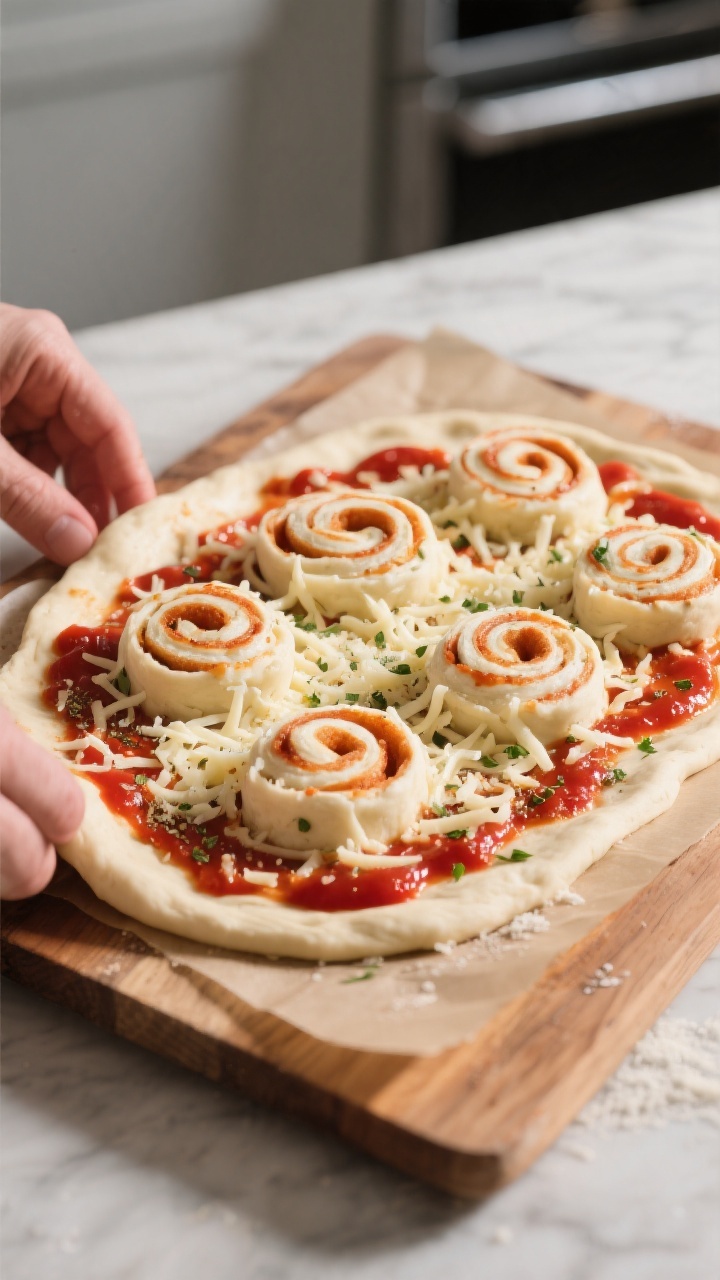 Straight-on process shot of cheesy pizza pinwheels before baking: a rolled-out sheet of refrigerated pizza dough on a wooden board, evenly spread with glossy pizza sauce, a generous layer of shredded mozzarella, a sprinkle of grated Parmesan, and dried Italian seasoning; the dough is being sliced into spirals with several tidy pinwheels arranged on a parchment-lined tray, cheese visibly tucked in the swirls; bright tomato red, creamy white cheese, and flecks of green herbs; clean, modern kitchen backdrop, directional side light highlighting texture.