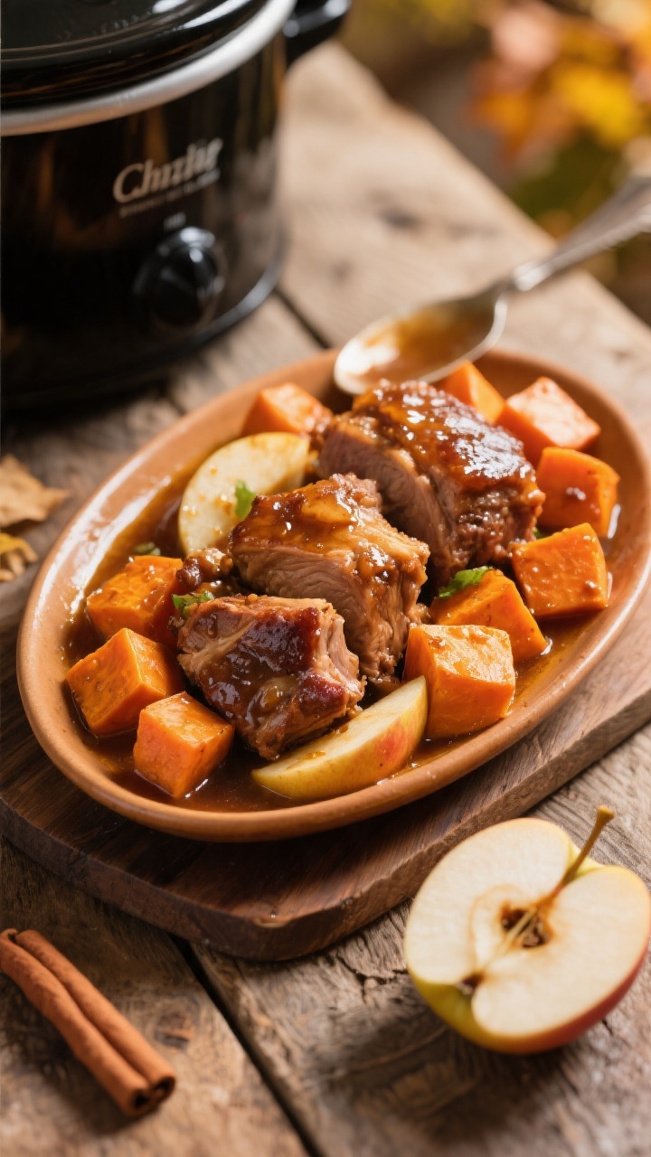 Straight-on rustic scene of apple cinnamon pork and sweet potatoes right out of the crockpot: succulent chunks of pork shoulder glazed with apple-cinnamon juices, nestled among 1-inch cubes of tender orange sweet potatoes and peeled slices of Honeycrisp/Gala apples, visible cinnamon and light caramelization; transferred to a warm oval platter with some braising liquid spooned over for shine; set on a farmhouse wooden table with a cinnamon stick and a halved apple as styling elements, cozy fall ambiance with soft golden light.