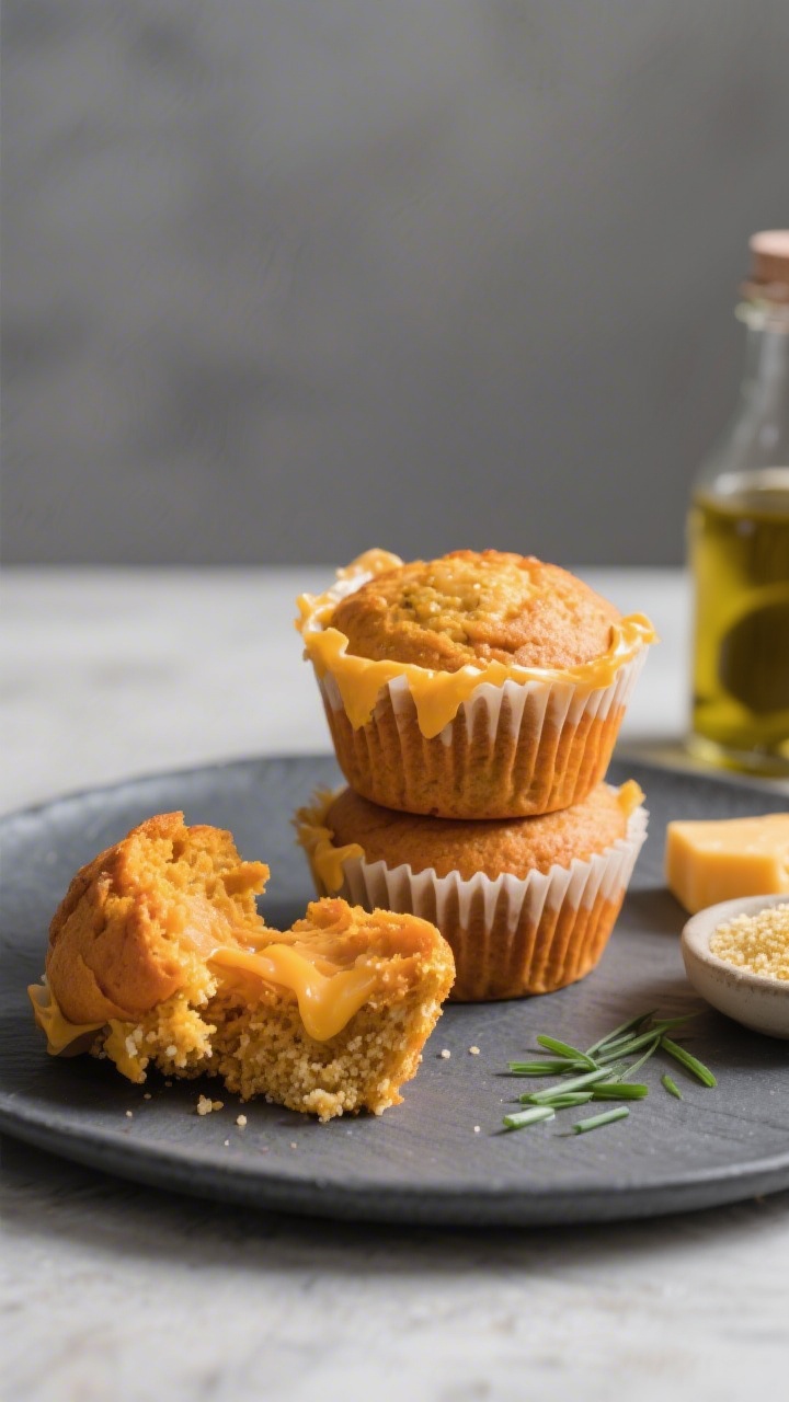 Straight-on savory plated shot for Sweet Potato Cheddar Muffins: golden-orange muffins with cheddar frico edges stacked on a matte slate plate, one muffin torn open to reveal mashed sweet potato hue, melted cheddar pockets, and fine cornmeal crumb; olive oil bottle, a wedge of sharp cheddar, cornmeal in a small dish, and a sprig of chives for color; neutral gray backdrop, side lighting to emphasize texture, hearty breakfast vibe, no people.