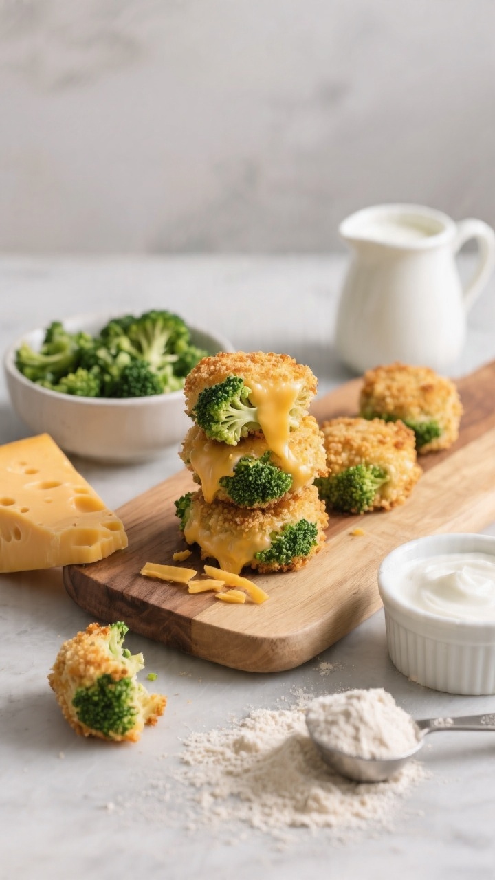 Straight-on savory scene of cheddar broccoli bites stacked on a small wooden board, cheese visibly melted into the crumb and green broccoli florets peeking through. Beside them: a bowl of finely chopped, lightly steamed broccoli, a wedge of sharp cheddar with shavings, a ramekin of plain Greek yogurt, a splash of milk in a small pitcher, and a scoop of white whole wheat flour dusting the board. Include a measuring spoon hinting at baking powder. Clean, modern styling, neutral backdrop, emphasize savory texture and golden edges.