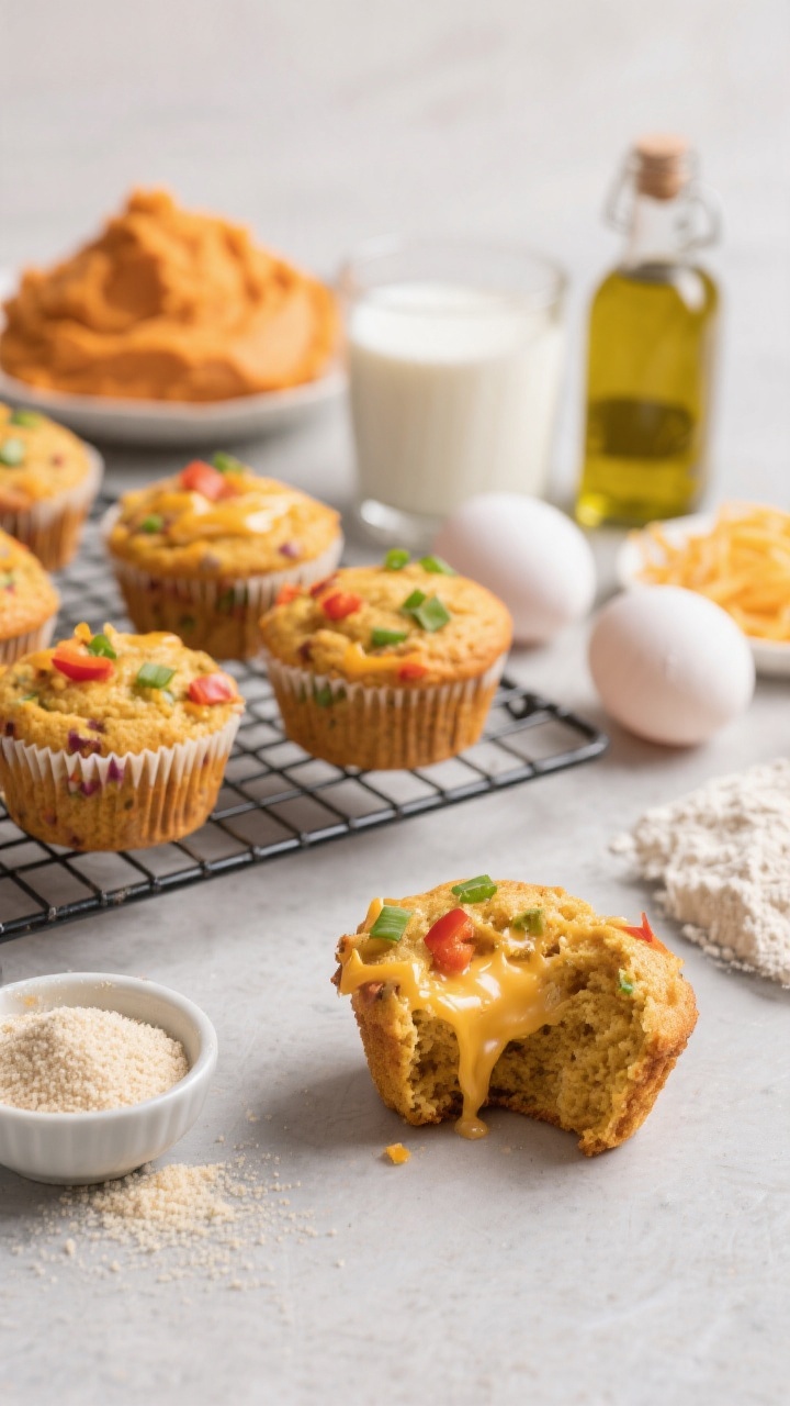 Straight-on savory scene of cheddar sweet potato muffins with veggie confetti: golden muffins on a cooling rack with melted cheddar pockets and colorful flecks of finely diced bell pepper and green onion; ingredients staged beside: a mound of mashed sweet potato, a cup of milk, a small bottle of olive oil, two eggs, white whole wheat flour, fine cornmeal, shredded cheddar, and a pinch bowl of baking powder; one muffin split to show tender crumb and cheese pull; neutral backdrop, clean lines, appetizing savory mood.