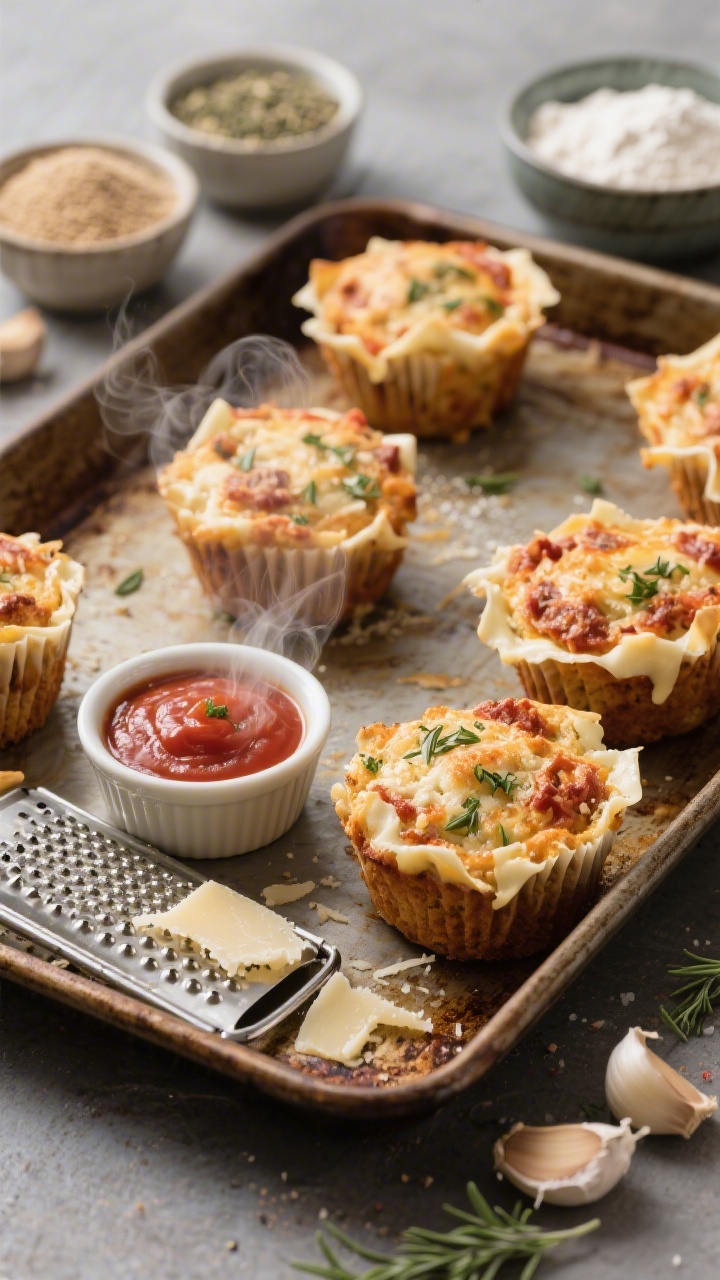 Straight-on savory scene of Pizza-Parmesan Muffins on a rustic baking sheet, cheese frico edges and herby specks visible, steam just rising. Include small bowls of whole wheat and all-purpose flour, baking powder and soda, Italian seasoning, garlic powder, and fine salt. Style with a ramekin of pizza sauce for dipping, a grater with fresh Parmesan shavings, and a sprinkle of dried oregano. Warm, after-school snack vibe, sharp focus on crusty tops.