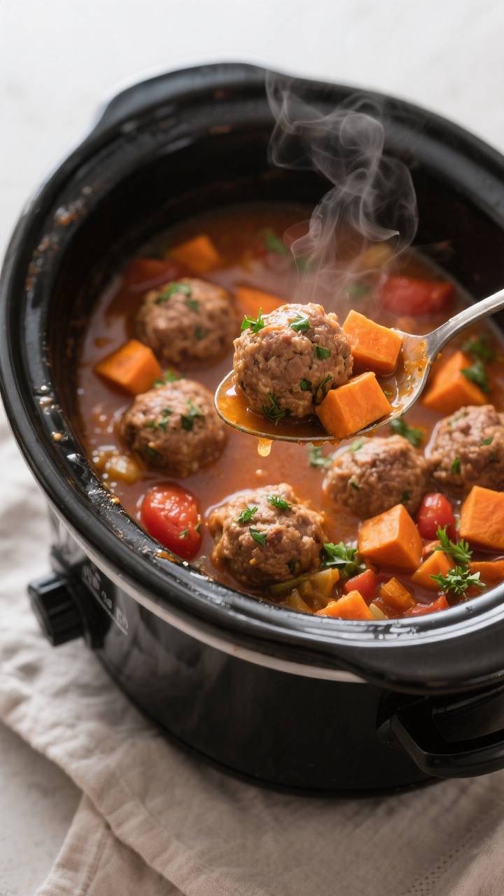 Straight-on, shallow-depth close-up of sweet potato turkey meatball stew simmering in a slow cooker: plump turkey meatballs speckled with herbs, tender orange cubes of sweet potato, hidden finely minced veggies melting into a tomato-tinged, gently thick broth; a ladle lifting a meatball with sweet potato chunk, droplets glistening; colors of warm oranges and earthy browns with hints of green parsley; minimal props, matte black slow cooker insert on a neutral linen, steam rising for comfort-food appeal, crisp focus on textures, no people.