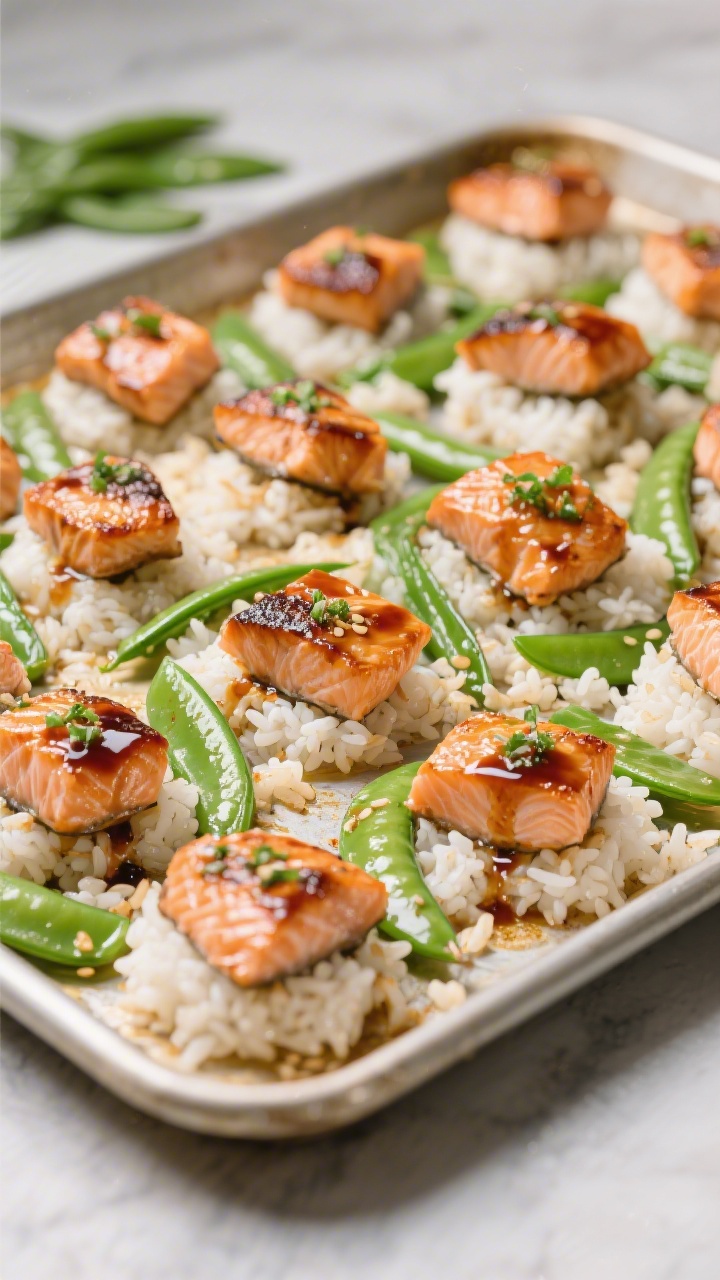 Straight-on sheet-pan action shot of Teriyaki Salmon Bites with Sticky Rice and Snap Peas: