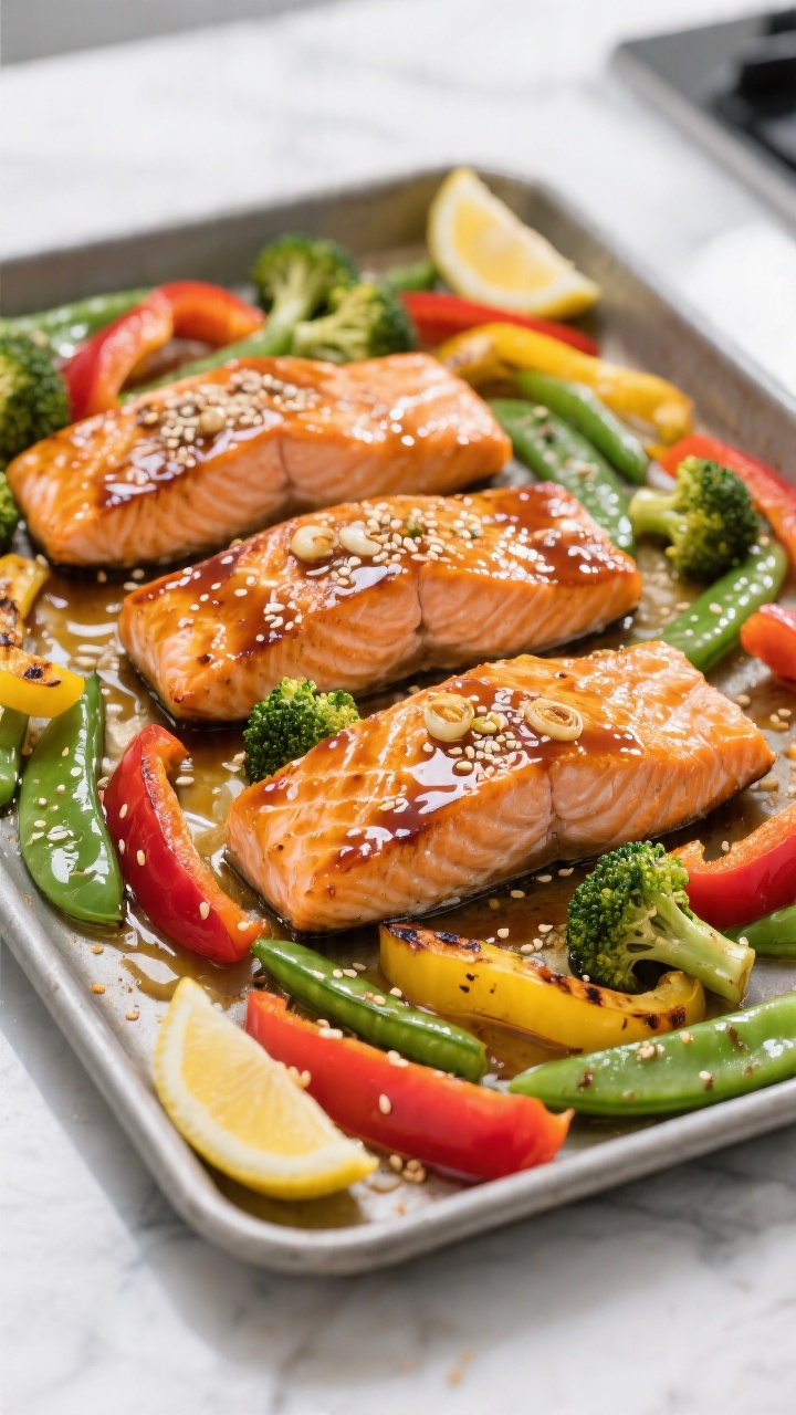 Straight-on sheet-pan composition of honey garlic salmon with rainbow veggies: four salmon fillets glazed in a shiny honey-garlic sauce, edges caramelized; sliced red and yellow bell peppers, broccoli florets, and snap peas glistening with olive oil and seasoning around the fillets; lightly charred tips on veggies, sesame seeds sprinkled over salmon, lemon wedges at the pan’s edge; crisp, vibrant colors with a clean, modern kitchen backdrop