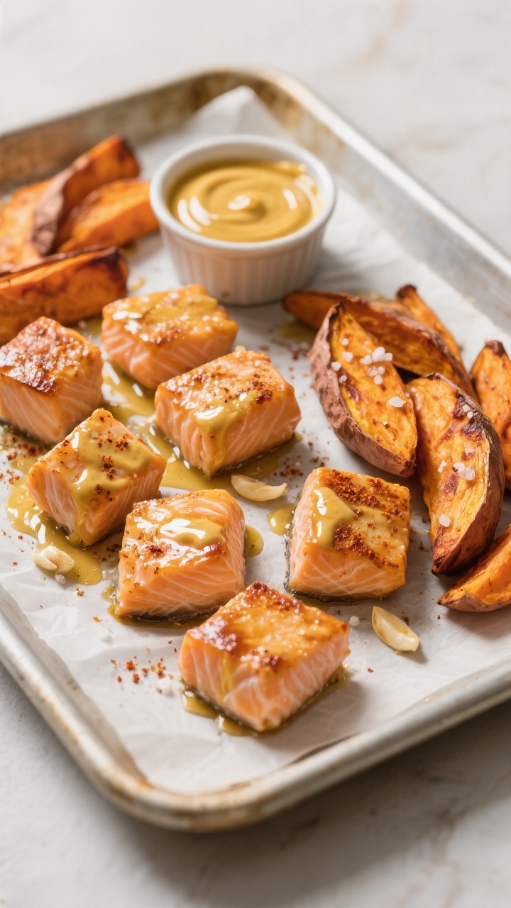 Straight-on sheet-pan scene of honey mustard salmon nuggets and roasted sweet potato wedges: 1-inch salmon pieces lacquered with a shiny honey-mustard glaze, lightly dusted with garlic powder and smoked paprika, edges caramelized; sweet potato wedges roasted to blistered tips, olive oil gloss and coarse salt crystals visible; arranged on parchment with a small ramekin of extra honey mustard; warm golden tones, crisp textures emphasized, minimal props