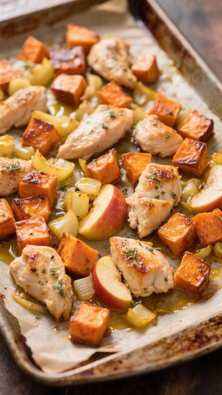 Straight-on sheet-pan scene of one-pan chicken, apple, and sweet potato bites just out of the oven: evenly caramelized 1/2-inch cubes of sweet potato and Gala apple with lightly browned edges, tender boneless skinless chicken pieces nestled among them, optional finely chopped yellow onion softened and golden, a light herb sprinkle and glistening olive oil sheen, parchment-lined pan on a rustic tray, warm autumnal colors, focus on the mingled textures and roasty bits.