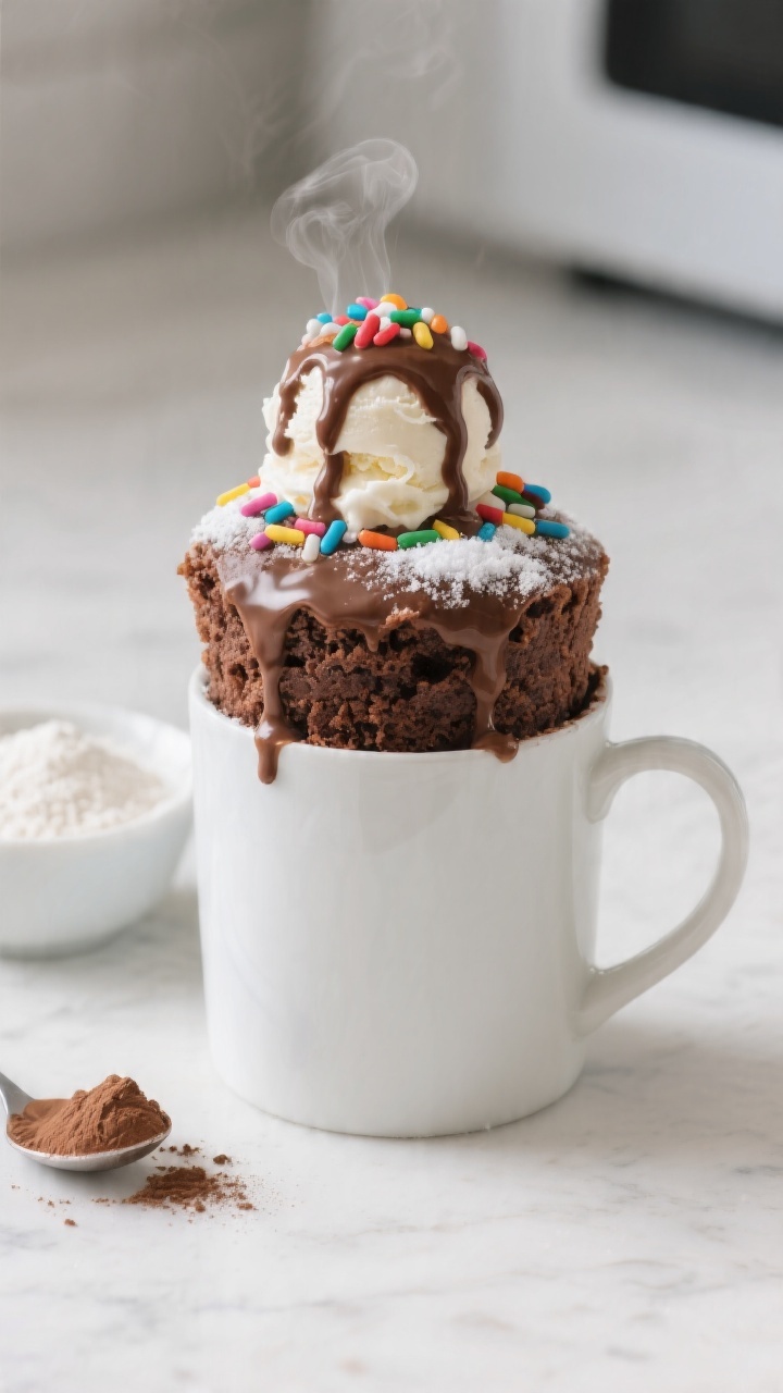 Straight-on shot of a chocolate mug cake sundae just microwaved in a white ceramic mug, ultra-moist crumb rising above the rim; topped with a scoop of vanilla ice cream, warm chocolate sauce drip, rainbow sprinkles, and a dusting of powdered sugar; ingredient cues nearby: a small bowl with flour and sugar, a spoonful of cocoa powder, and a pinch of baking powder; clean kitchen counter, shallow depth of field highlighting steam and melty edges for instant gratification.