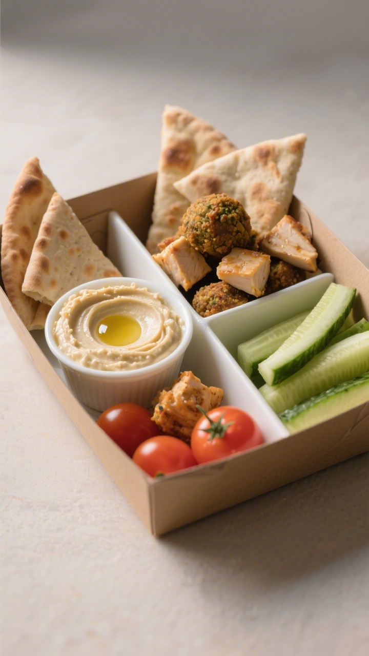 Straight-on shot of a DIY mini mezze snack box neatly partitioned: creamy hummus swirl with olive oil droplet, plain Greek yogurt sweetened with a drizzle of honey in a tiny cup, bite-size cooked chicken cubes (or baked falafel bites) stacked for texture, warm whole-grain pita triangles, crisp cucumber sticks and cherry tomatoes; emphasize contrasting textures—silky dips, tender protein, toasty pita; neutral backdrop, soft side light, high clarity.