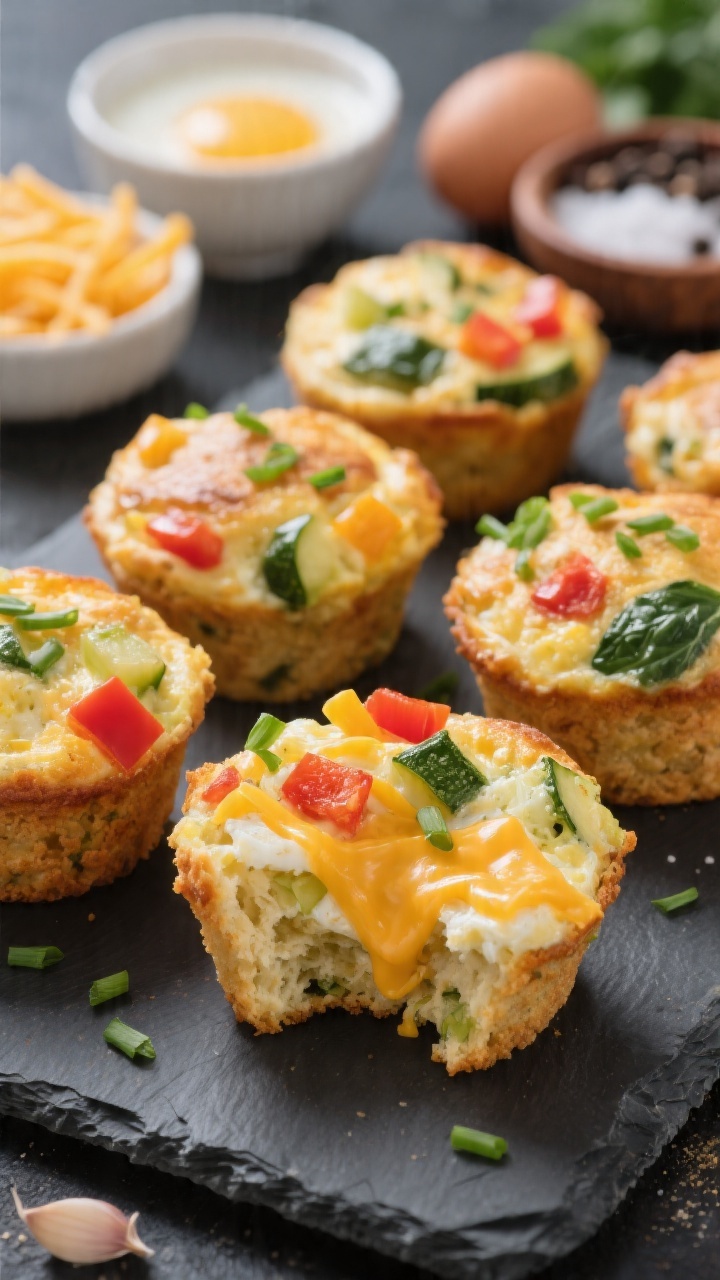 Straight-on shot of Cheesy Egg & Veggie Breakfast Muffins arranged on a slate board, one muffin cut open to reveal melty cheddar strands, finely diced colorful veggies (red bell pepper, green spinach, maybe zucchini) studded throughout, and a tender eggy crumb. Include small bowls with beaten eggs, milk, shredded cheddar, and pinches of garlic powder, onion powder, salt, and black pepper in the background, slightly out of focus. Add a sprinkle of chopped chives on top for freshness. Bright, savory morning feel with crisp highlights on the melted cheese, no utensils or hands.