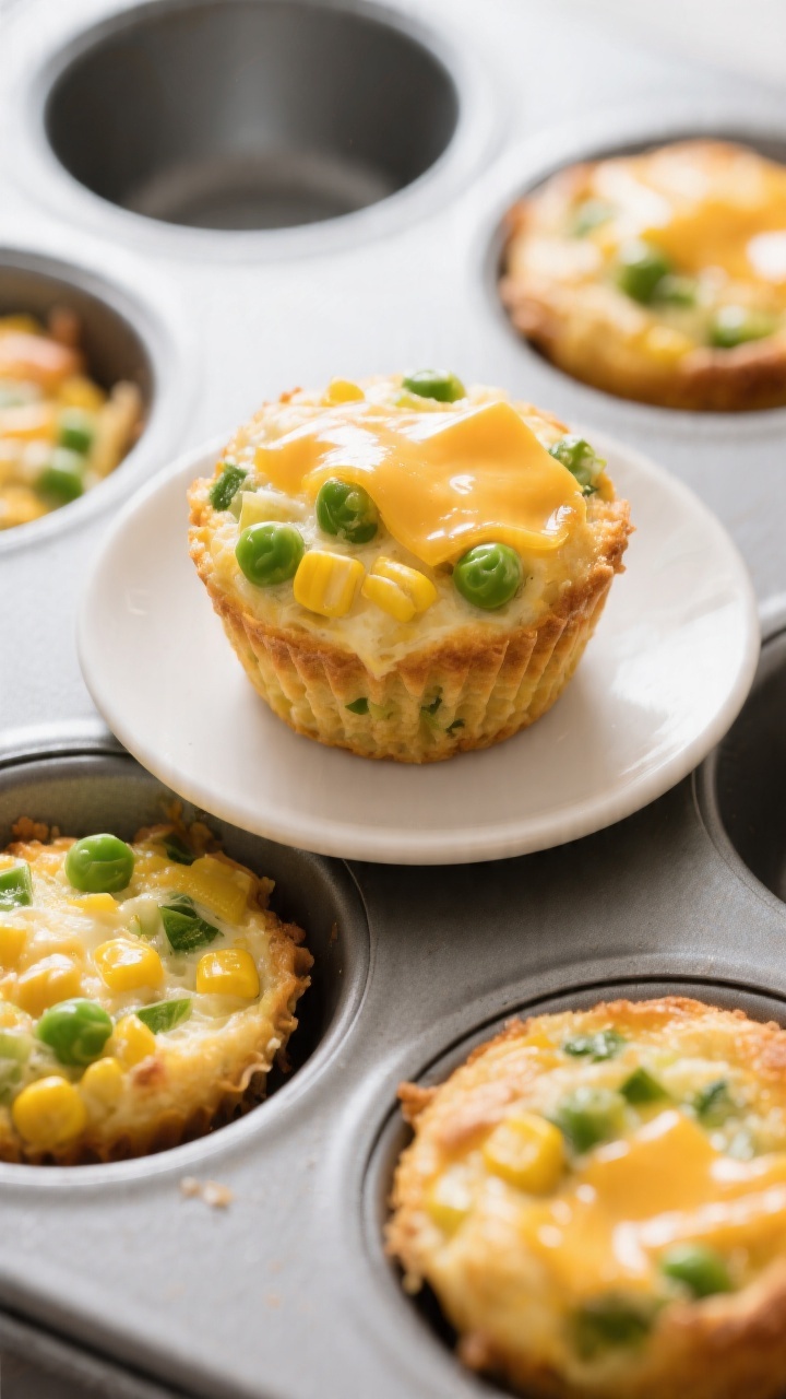 Straight-on shot of cheesy veggie egg muffins cooling in a nonstick muffin tin: golden, puffed tops with melted cheddar glistening, bright pops of green peas and yellow corn embedded throughout, finely chopped vegetables visible at the edges; one muffin lifted and placed on a small white plate to reveal the tender interior; minimal props, warm natural light, and a neutral surface to keep focus on texture and cheesy appeal.