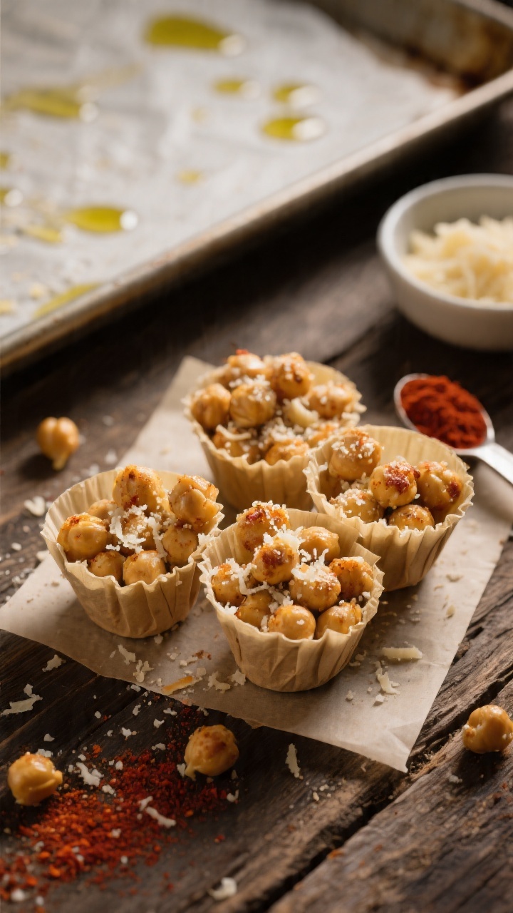 Straight-on shot of crunchy Parmesan chickpea snack cups: roasted chickpeas tumbled into small paper snack cups, each bean coated in finely grated Parmesan with visible crystals, flecks of garlic powder and a hint of smoked paprika red hue; a baking sheet in the background with parchment dotted by olive oil sheen, a small bowl of Parmesan and a measuring spoon of paprika to the side; dramatic side lighting to emphasize crisp texture and salty crust, rustic wooden surface.
