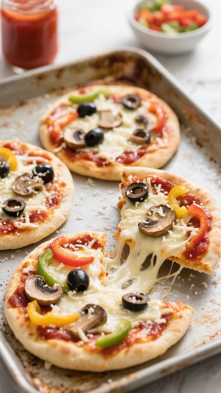 Straight-on shot of DIY pizza pitas on a sheet pan: four pocket pitas or naan rounds topped with a glossy layer of pizza sauce, abundant shredded mozzarella melted and bubbly, optional grated Parmesan dusted lightly, and toppings of sliced black olives, mushrooms, and bell peppers arranged in kid-friendly patterns. One pita cut into wedges to show the stretchy cheese pull. Rustic metal pan, tomato sauce jar and a small bowl of toppings blurred in the background, bright, inviting colors.