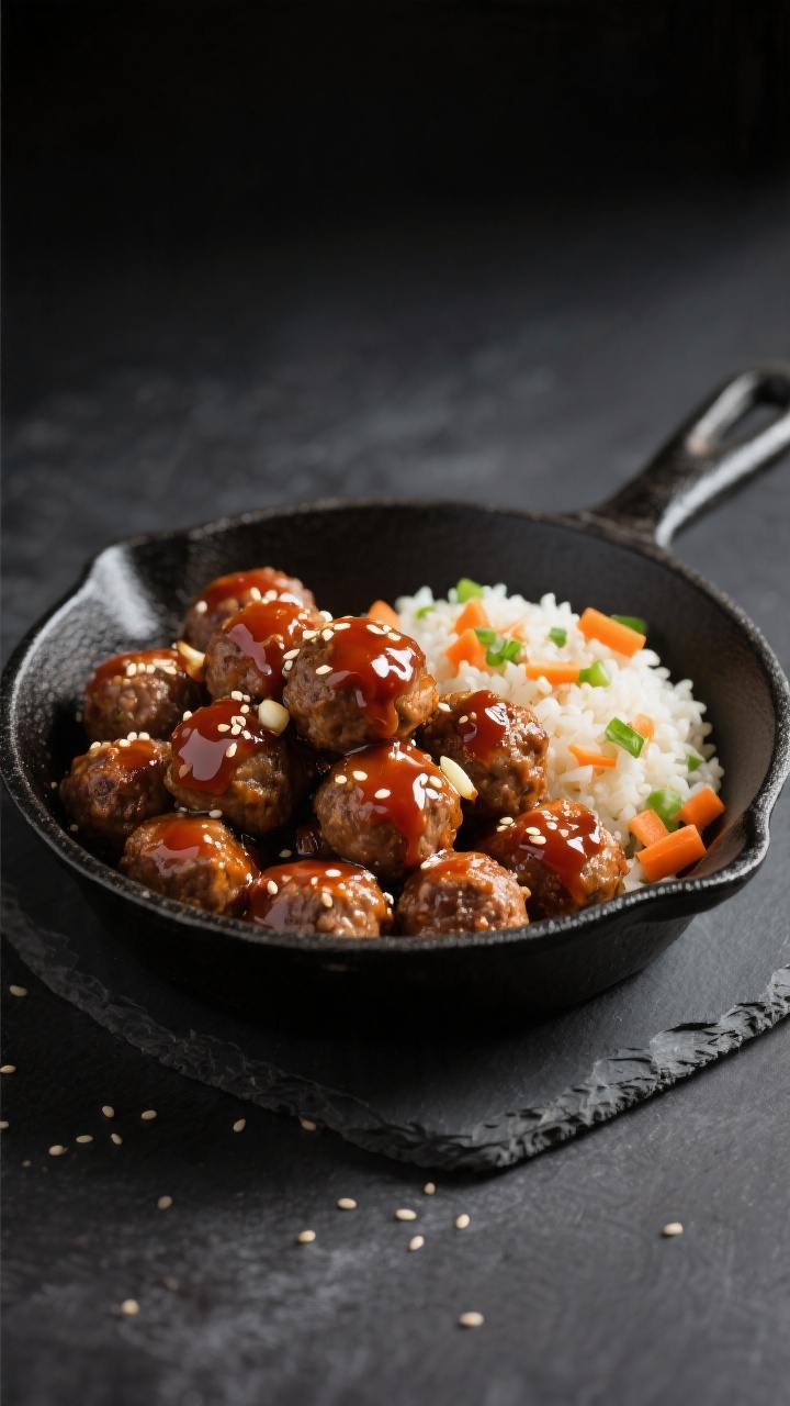 Straight-on shot of honey-garlic glazed mini meatballs piled high in a shallow black skillet: glossy sauce made from low-sodium ketchup, honey, low-sodium soy sauce (or coconut aminos), minced garlic, and a splash of rice vinegar clinging to the meatballs; served alongside a scoop of “hidden veggie” rice studded with finely chopped carrots and green bits; sesame seeds lightly sprinkled; dark slate backdrop, dramatic side light to showcase the sticky sheen and caramelization, no people.