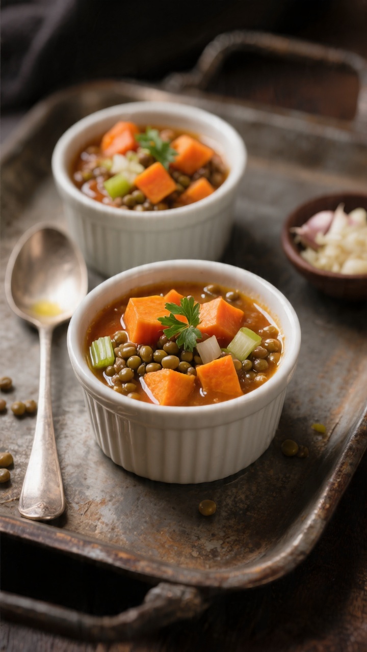 Straight-on shot of mini stew cups: cozy lentil and sweet potato stew portioned into small ramekins, glossy surface with tender orange sweet potato cubes, tiny dice of carrot and celery, very finely chopped onion, and visible lentils in a light tomato-tinged broth, a sheen of olive oil on top, garnished with a tiny sprinkle of fresh parsley, set on a rustic tray with a spoon and a small dish of minced garlic nearby, warm moody lighting evoking comfort.