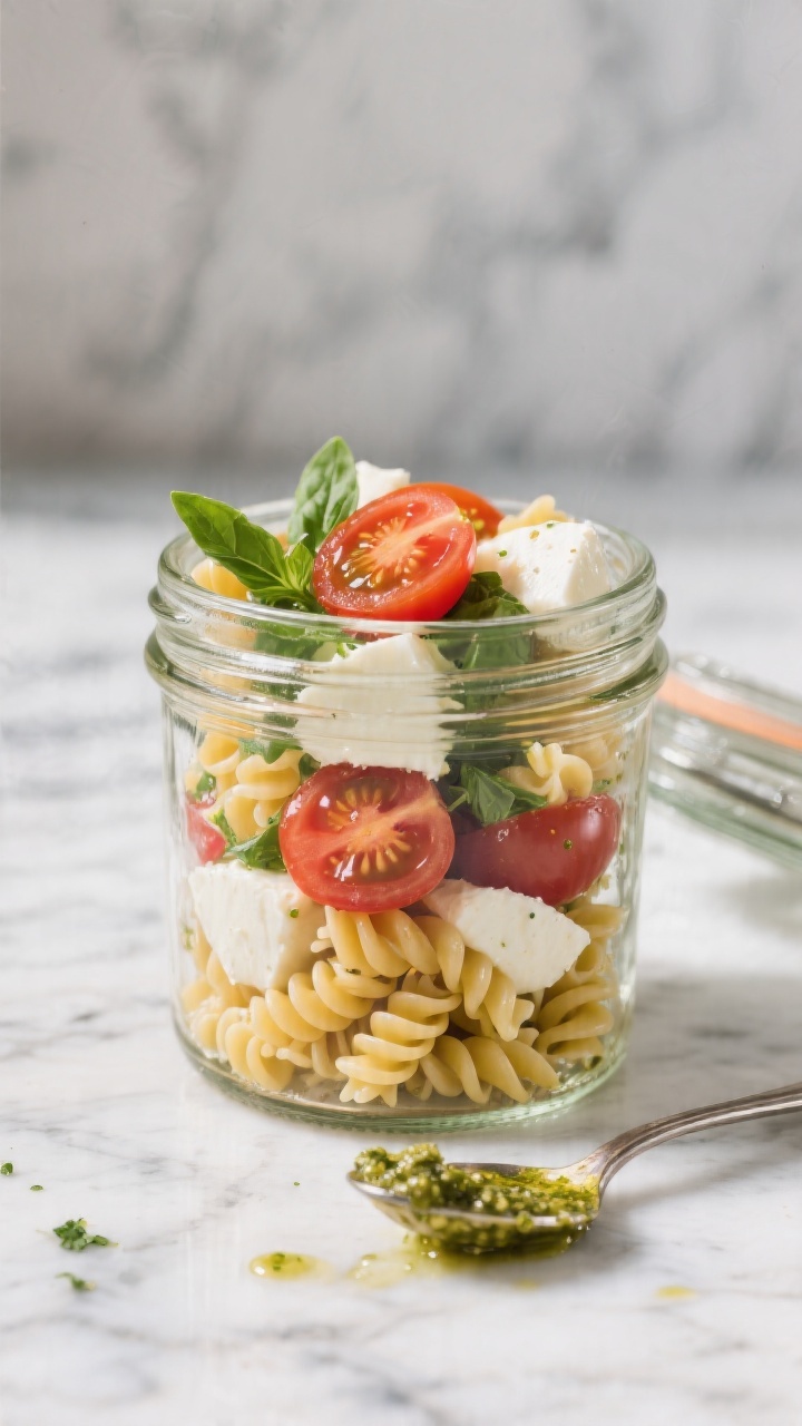 Straight-on shot of No-Cook Caprese Pasta Jars: clear mason jars layered with al dente short pasta (fusilli), halved cherry tomatoes, halved ciliegine mozzarella, torn fresh basil, and visible swirls of glossy store-bought pesto; a spoon resting beside one open jar with pesto clinging to the pasta, droplets of tomato juice and basil flecks on a cool marble backdrop, vibrant Italian summer tones, sharp focus on the front jar with gentle bokeh behind.