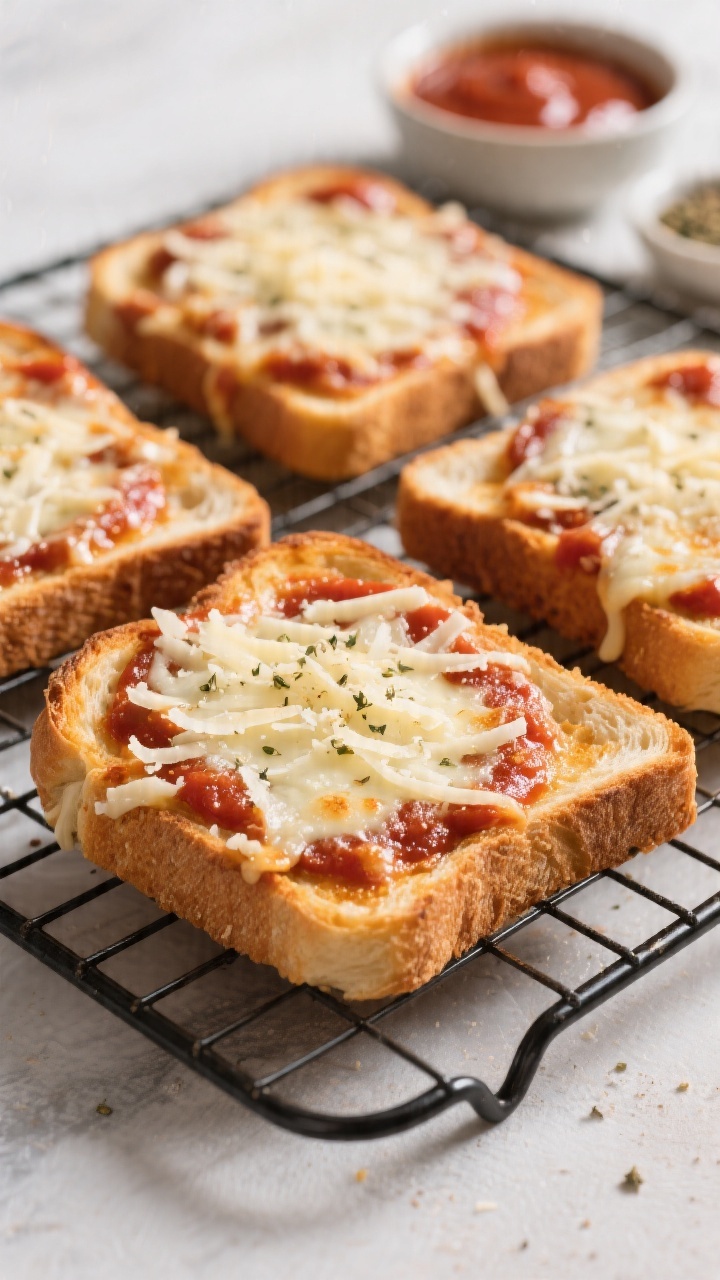 Straight-on shot of pan-pizza toasts on a cooling rack: thick slices of sourdough topped with a glossy layer of pizza sauce/marinara, generous shredded mozzarella, a sprinkle of grated Parmesan, and visible flecks of Italian seasoning; edges of bread crisp and golden, cheese melted with light blistering; a small bowl of extra sauce and a pinch bowl of seasoning in the background; tight depth of field to emphasize gooey cheese and crunchy toast contrast, pizza-parlor feel at home.