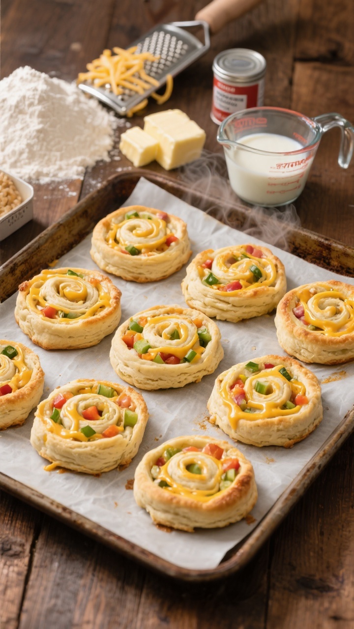 Straight-on shot of savory cheesy veggie pinwheel biscuits fresh from the oven on a parchment-lined sheet, spirals showing melted cheese threads and colorful diced veggies within flaky biscuit layers; a nearby mound of flour, a box grater with cheese shreds, cold cubed unsalted butter, a measuring cup of cold buttermilk, and tins of baking powder and baking soda hint at the dough base; golden edges, steam subtly rising, rustic baking tray on a wooden surface, appetizing savory sheen.