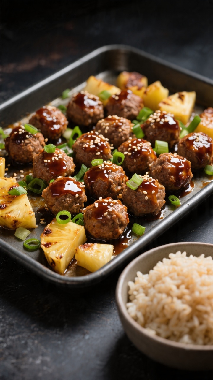 Straight-on shot of sheet-pan teriyaki meatballs with sticky rice and caramelized pineapple: bite-size ground chicken/turkey meatballs (breadcrumbs, egg, green onion, ginger, garlic) lacquered in shiny teriyaki glaze, sesame seeds sprinkled on top; char-kissed pineapple chunks and a scatter of finely sliced green onion; a neat mound of glossy sticky rice in a small bowl beside the pan; dark metal sheet pan contrasts with the glaze; moody yet appetizing lighting highlighting the sticky sheen and browned edges.