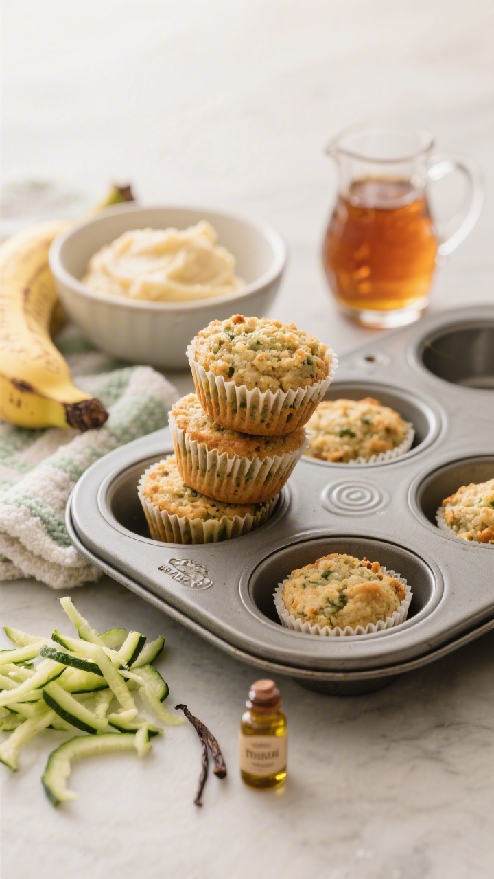 Straight-on shot of Zucchini Banana Mini Muffins arranged in a mini muffin tin, with a few popped out and stacked to show tender crumb; grated zucchini strands (squeezed dry) on a towel, mashed ripe banana in a bowl, a small pitcher of maple syrup, and a tiny bottle of vanilla extract; soft backlight highlighting olive oil sheen, playful toddler-size minis emphasized.