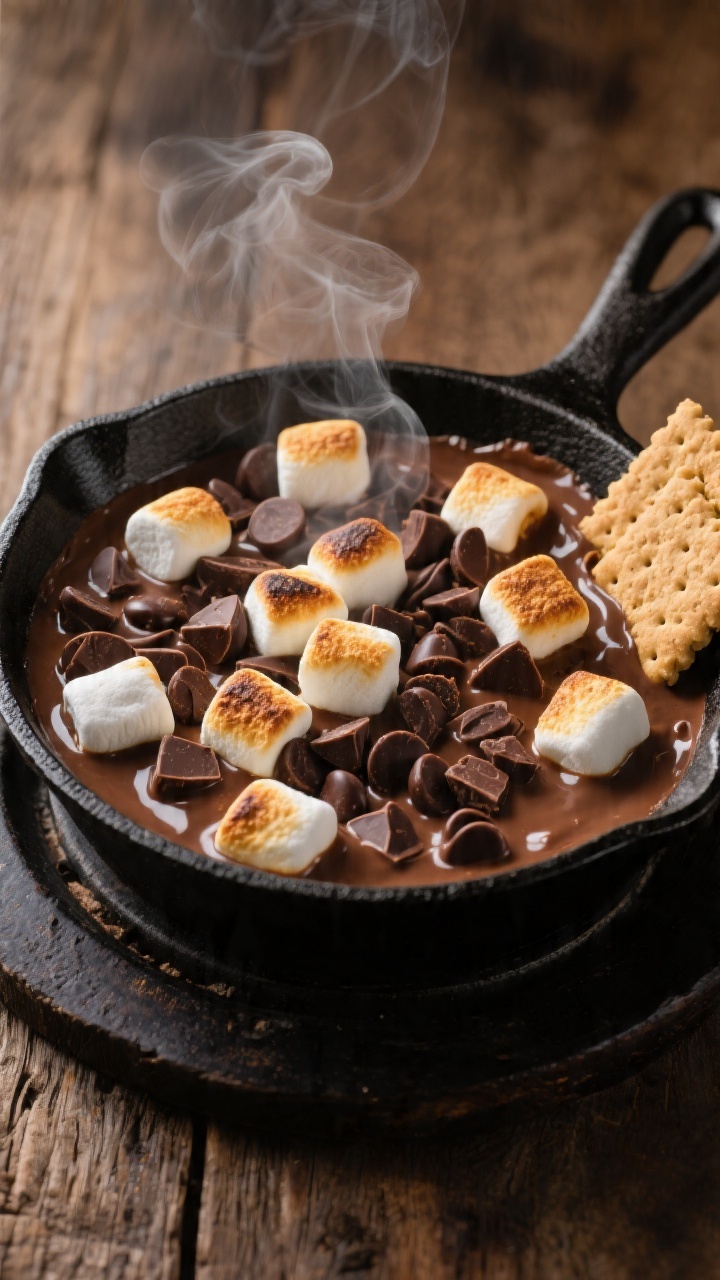 Straight-on, skillet hero shot of 10-minute s’mores dip fresh from the stovetop: a black cast-iron pan filled with molten semi-sweet chocolate chips and chocolate chunks enriched with sweetened condensed milk and vanilla, topped with perfectly torched, golden-brown mini marshmallows; graham cracker pieces staged at the edge for dipping; subtle wisps of steam, dramatic contrast, rustic wood surface, rich, gooey pull emphasized.