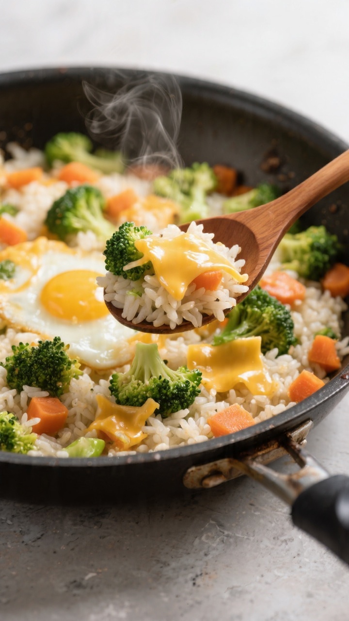 Straight-on skillet scene of cheesy broccoli eggy rice: a well-seasoned nonstick pan filled with day-old rice gently fried in a little butter/oil, tiny broccoli florets and finely diced carrots folded through, shreds of melted cheese stretching between grains, softly set eggy custard binding it all. Steam curls upward; a wooden spoon lifts a scoop to showcase the creamy-cheesy, slightly glossy texture with bright green and orange pops. Neutral countertop, minimal props to emphasize comfort-food appeal.