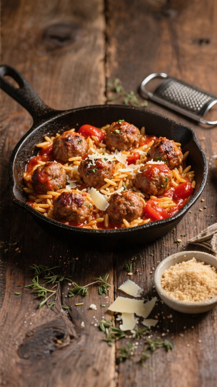 Straight-on skillet scene of Mini Turkey Meatball Skillet with Tomato Orzo: seared, bite-size turkey meatballs flecked with Parmesan and Italian seasoning nestled in a glossy tomato orzo, visible grains of orzo coated in sauce; a small pinch bowl of breadcrumbs and a grater with Parm shavings nearby, a dusting of dried Italian herbs on the surface; rich reds and golden-brown tones, cast-iron skillet set on a rustic wooden table, emphasizing hearty comfort and delicious saucy sheen.