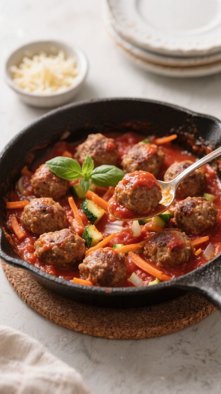 Straight-on skillet scene of mini turkey meatballs simmering in a chunky marinara studded with hidden veggies. Visible ingredients: small browned turkey meatballs nestled in tomato sauce with finely grated carrots, minced zucchini, and onion softened into the sauce; a few torn basil leaves on top for color. Skillet on a trivet with a small spoon lifting one glossy meatball to show juicy texture. Background includes a tiny bowl of extra grated parmesan and a short stack of toddler-sized plates; rich, appetizing reds and browns.