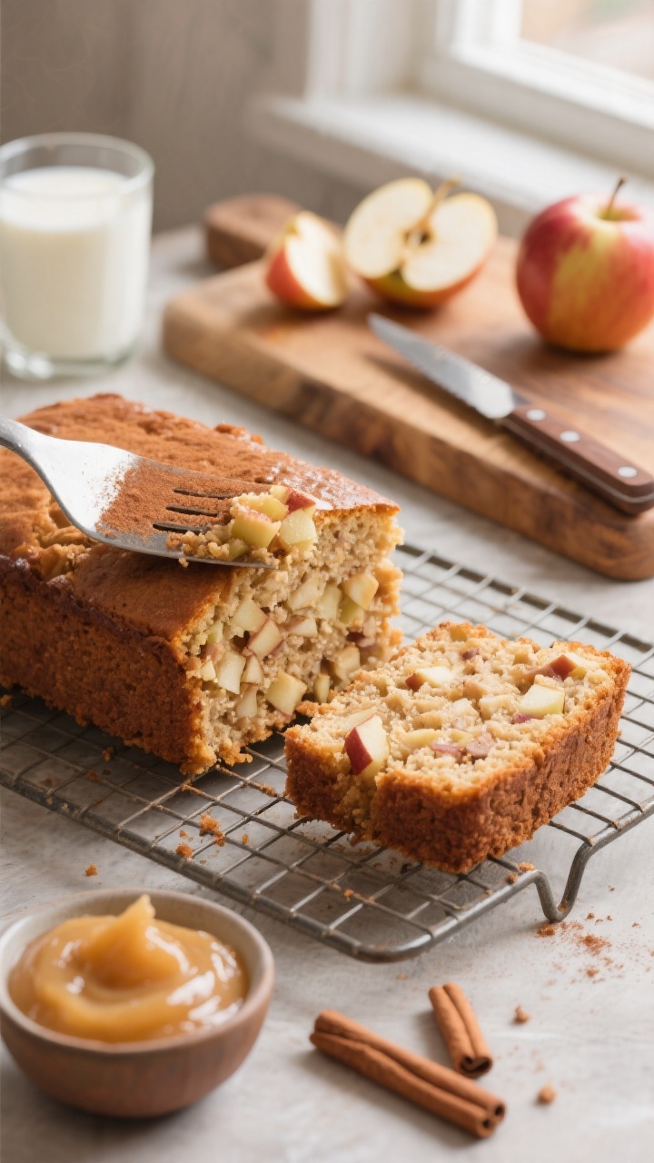 Straight-on slice-and-serve shot of Apple Cinnamon Snack Cake on a cooling rack, one square lifted with a spatula to reveal tender crumb packed with finely chopped apples; cinnamon-dusted top, slight sheen from neutral oil/butter. In the foreground, a small bowl of unsweetened applesauce and a glass of milk; in the background, peeled apple cores and a paring knife on a wood board. Warm autumnal styling, soft window light, emphasize moist texture and apple pieces.