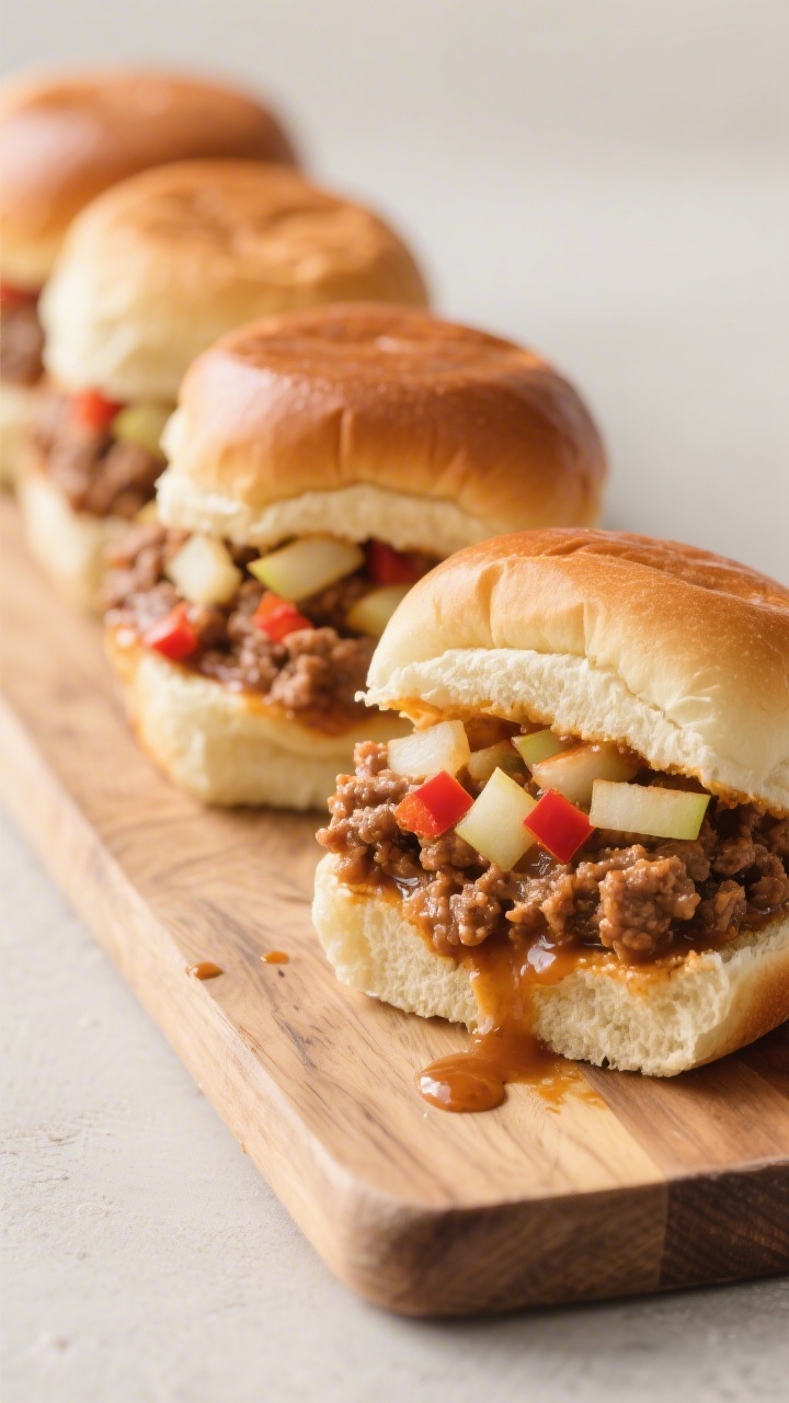 Straight-on, slightly 45-degree angle shot of Turkey Apple Sloppy Joe Sliders lined up on a small wooden board: soft mini slider buns overflowing with a mild, sweet ground turkey mixture studded with finely grated apple and very finely chopped onion, optional tiny red bell pepper bits adding pops of color; a glossy, lightly sauced finish with a few drips for appetizing messiness; one slider cut to show juicy interior; neutral backdrop, soft natural light, no people.