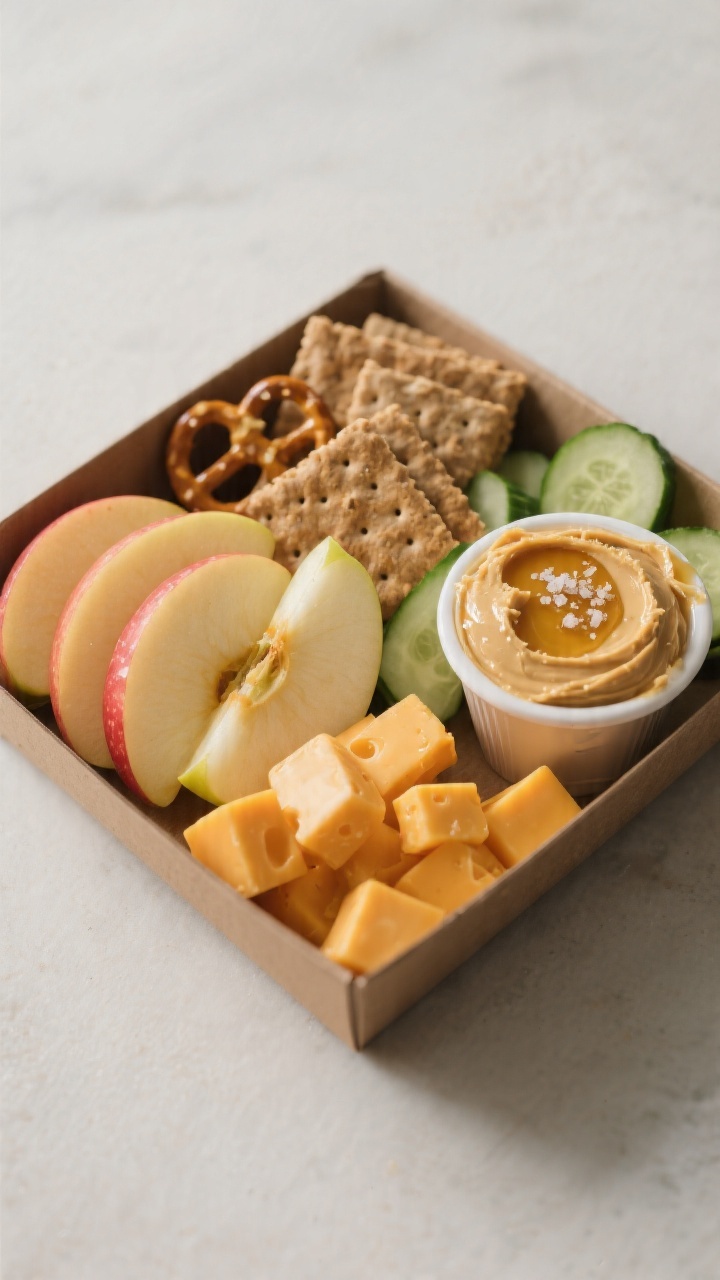 Straight-on snack box composition for an Apple Cheddar Snack Box with Sunflower Butter Dip: crisp apple slices (tossed with a sheen of lemon juice) fanned alongside sharp cheddar cubes, whole-grain crackers or pretzel thins, cucumber rounds, and a small cup of creamy sunflower butter dip with a drizzle of honey and pinch of sea salt on top. Neutral backdrop, cool natural light, clean lines, and balanced compartments. Focus on fresh textures—the apple’s gloss, cheddar’s sharp edges, cracker grain—appetizing, kid-friendly, no people.