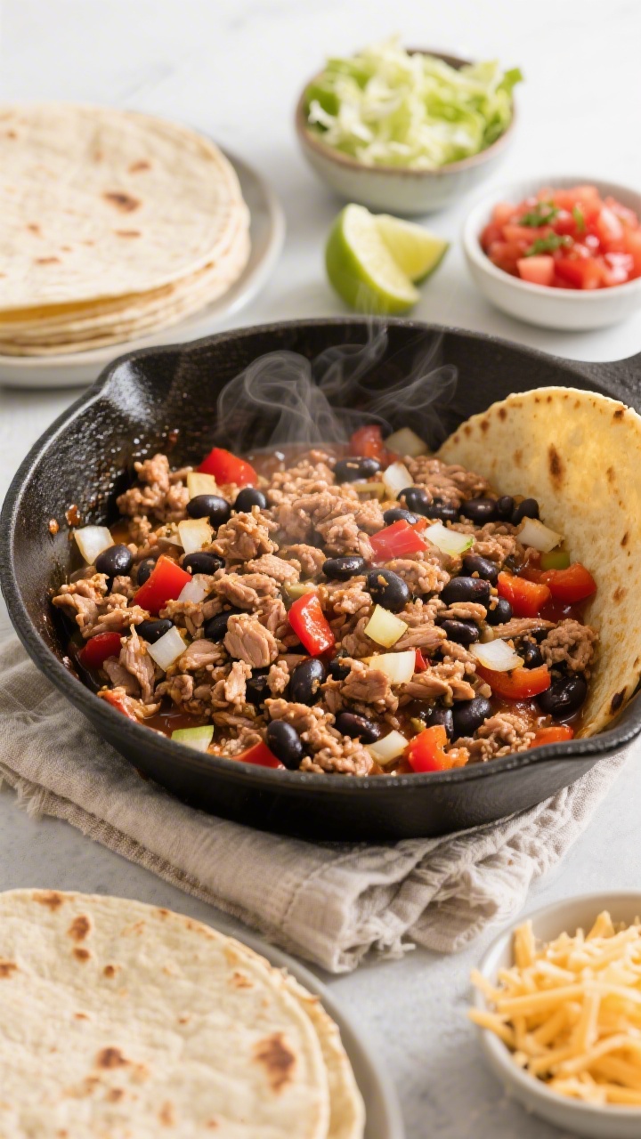 Straight-on, taco-night spread featuring build-your-own tacos with hidden-bean turkey mix: a skillet filled with lean ground turkey sautéed with finely chopped onion, red bell pepper, minced garlic, and folded-in black beans simmered in low-sodium chicken stock, glistening and well-seasoned. Surrounding elements include warm tortillas wrapped in a cloth, small bowls of shredded lettuce, diced tomatoes, mild salsa, lime wedges, and grated cheese. Emphasis on the hearty, kid-friendly turkey-bean filling; steam visible from skillet; vibrant colors and inviting family-sharing vibe; clean background to keep focus on the components.